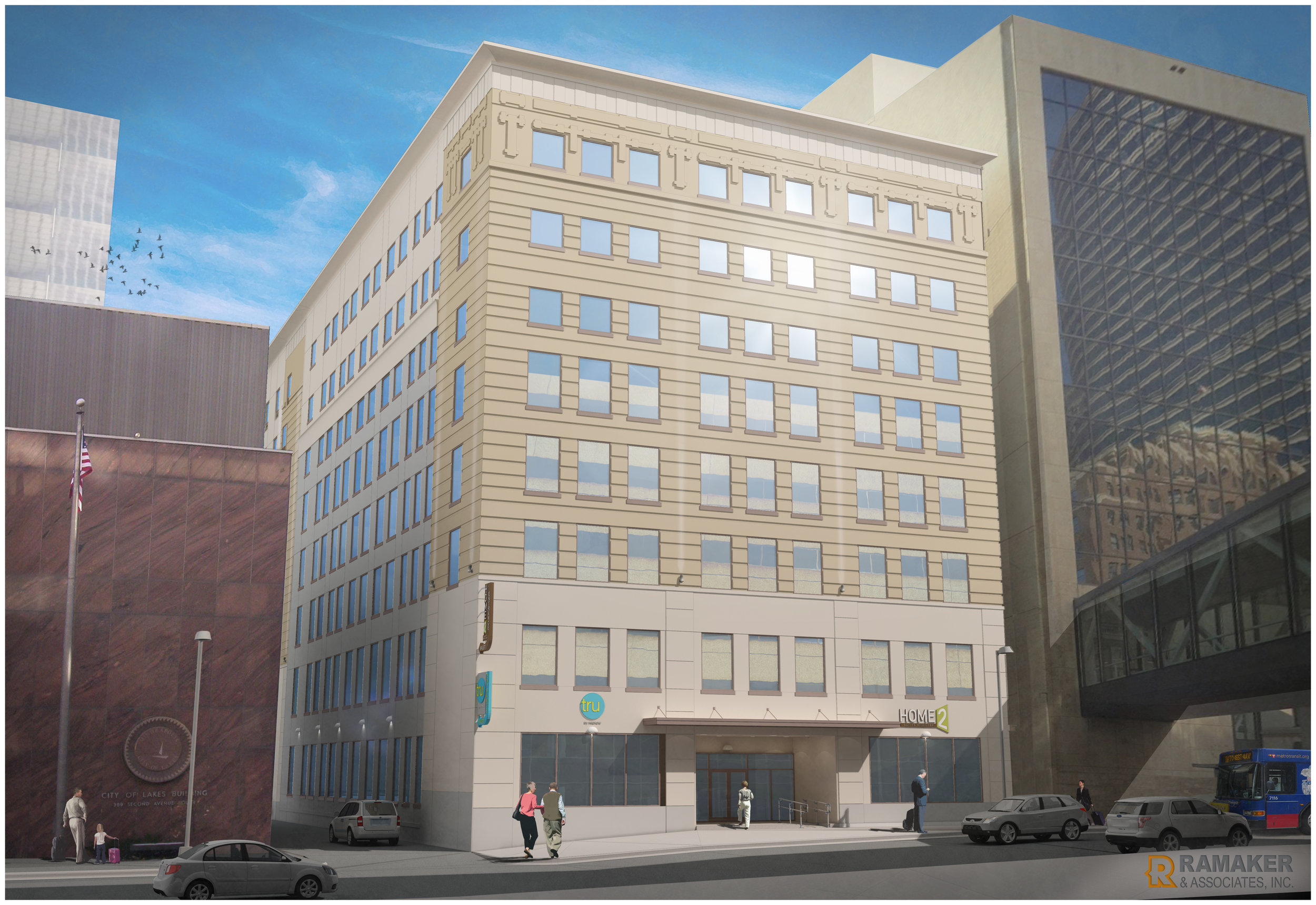 Rendered daytime outside view of the Hilton Home2 & Tru Dual-Brand in Minneapolis, MN