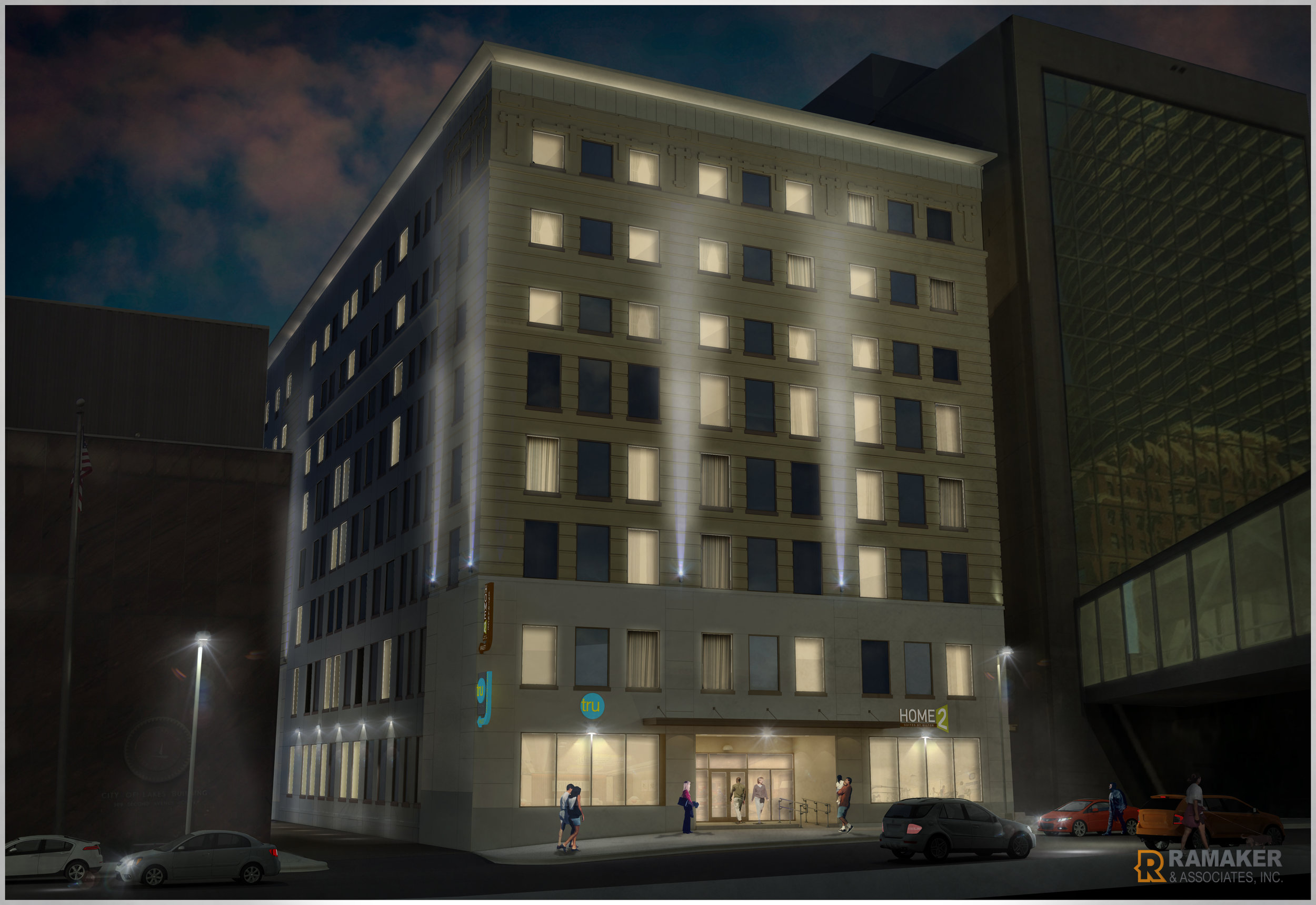 Rendered nighttime outside view of the Hilton Home2 & Tru Dual-Brand in Minneapolis, MN