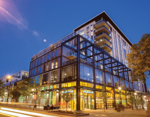 Outside view at night of The HUB in Madison, WI