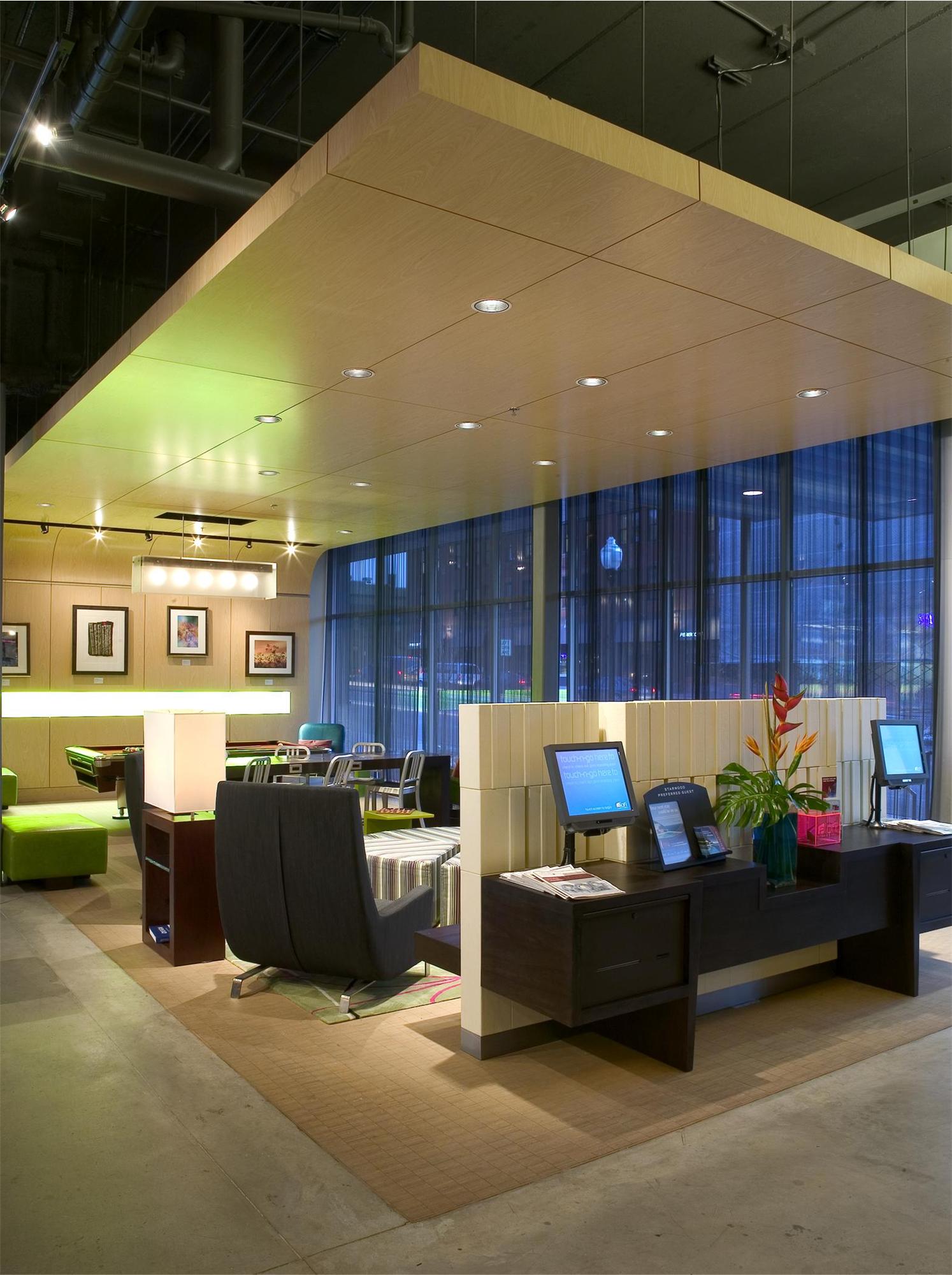 Seating area and a guest computer area in the Aloft Hotel in Minneapolis, MN