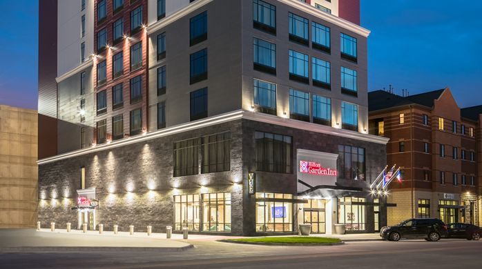 Nighttime outside view of the Hilton Garden Inn in Iowa City, IA