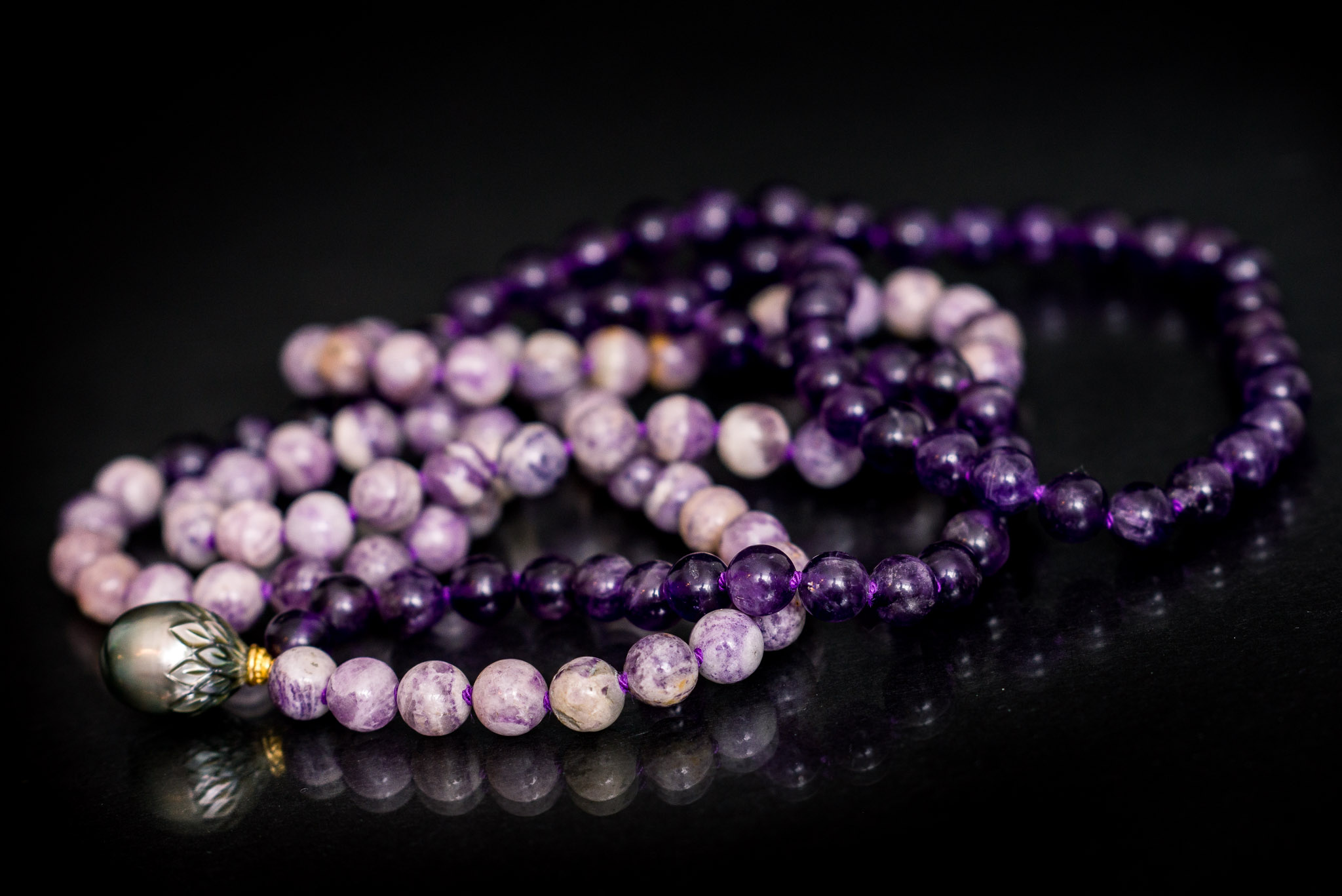 Carved Tahitian Pearl Necklace on Amethyst and Lipidolite — Nancy Yuan Jewelry
