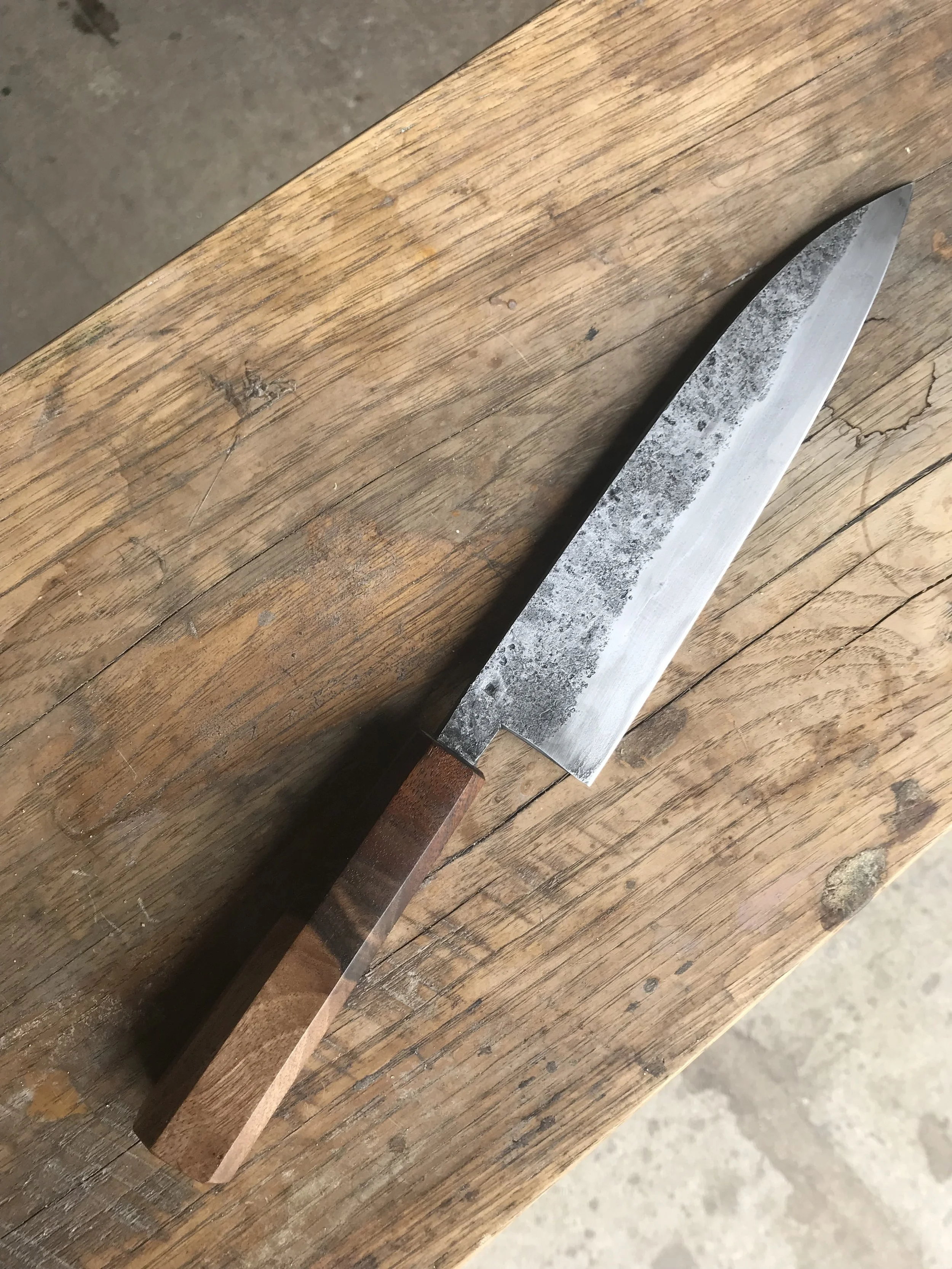 8 inch Double Bevel Deba in 1095 with Walnut