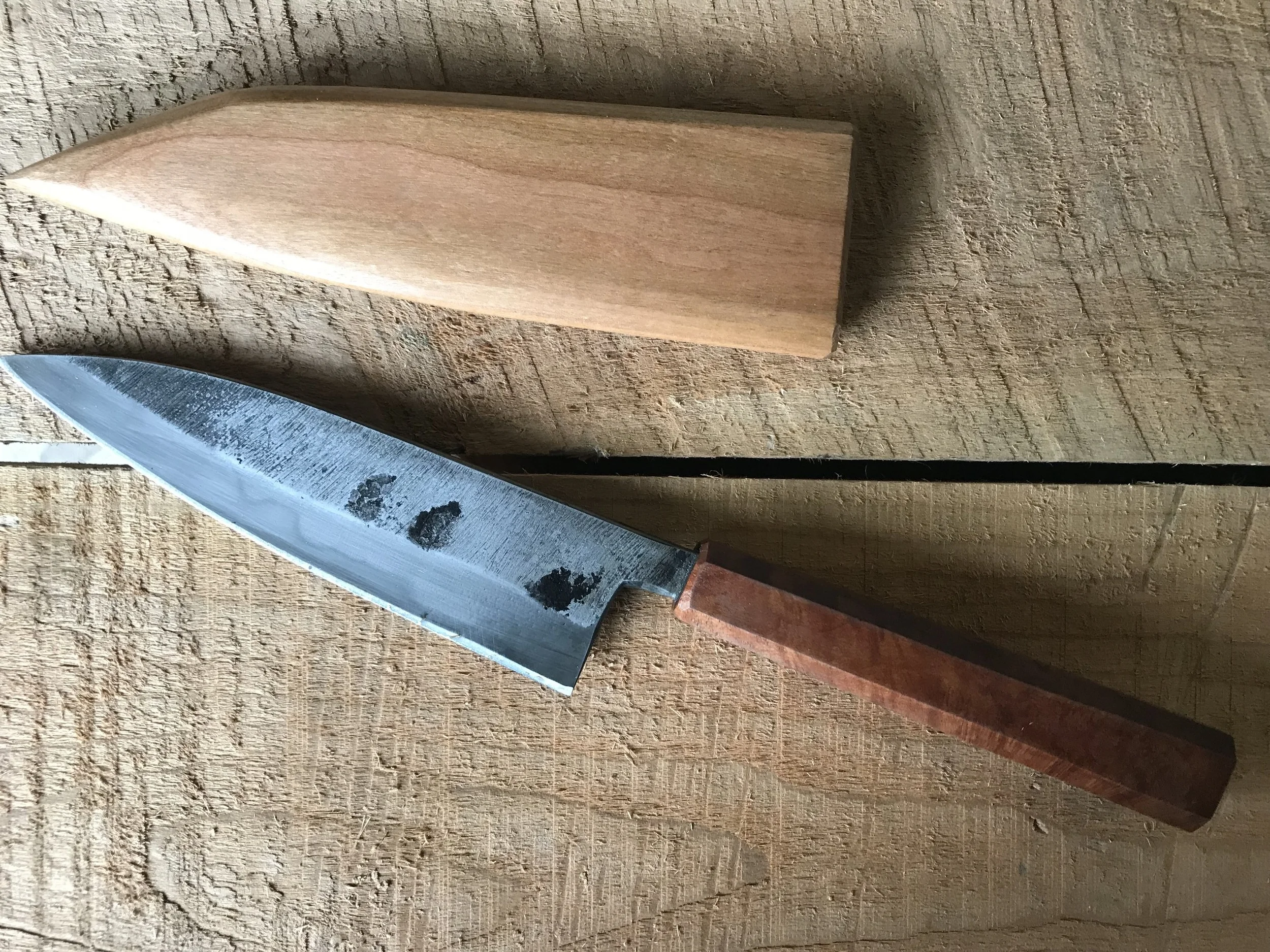 6 inch Double Bevel Deba in 1095 with Madrone Handle and Cherry Saya