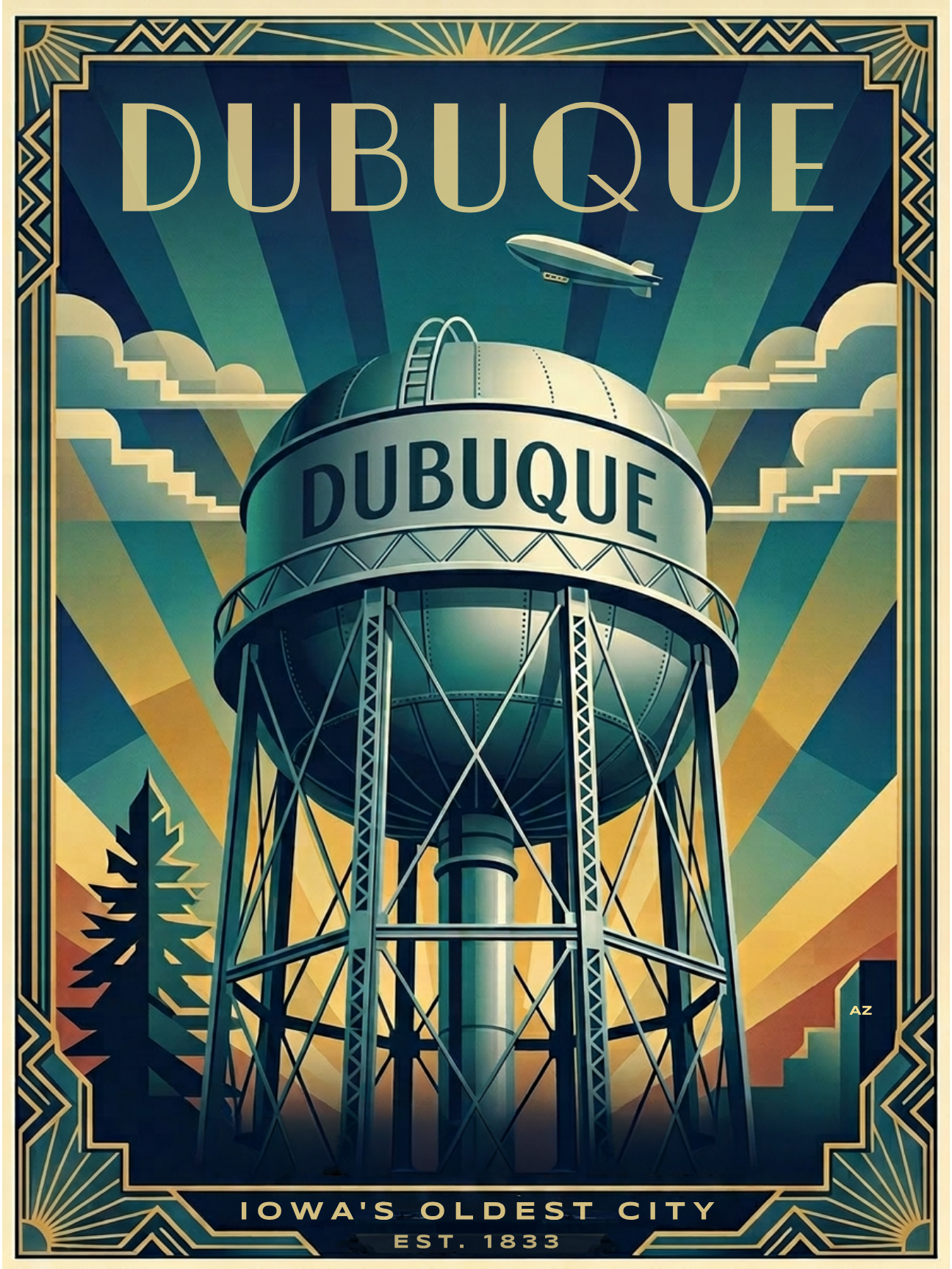 Dubuque Water Tower Art Deco Travel Poster