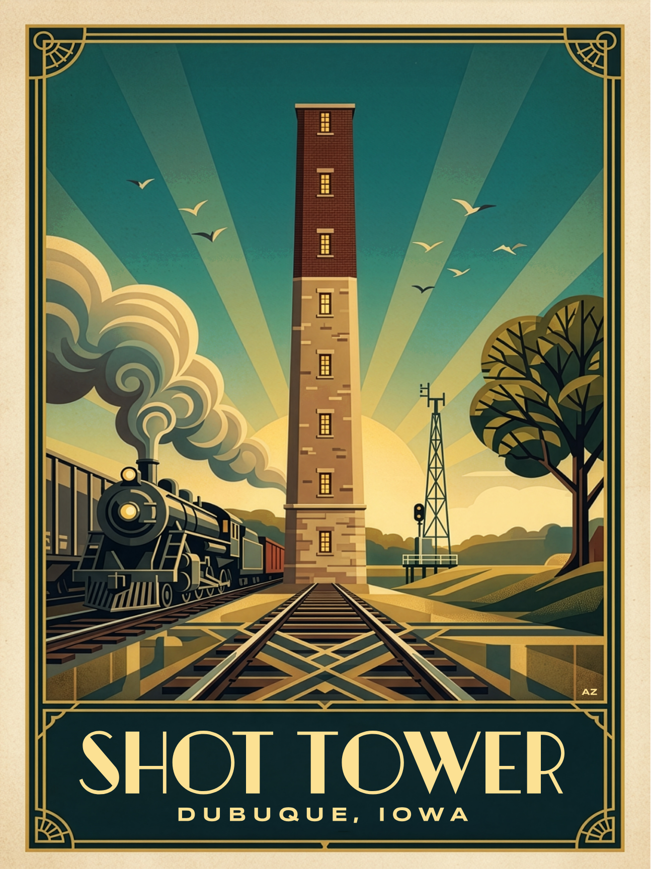 Dubuque Shot Tower Art Deco Travel Poster