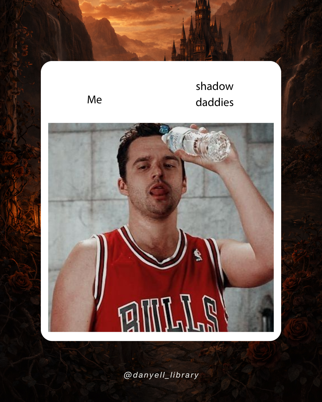 Funny bookish meme about readers being unable to resist shadow daddy characters in fantasy romance books