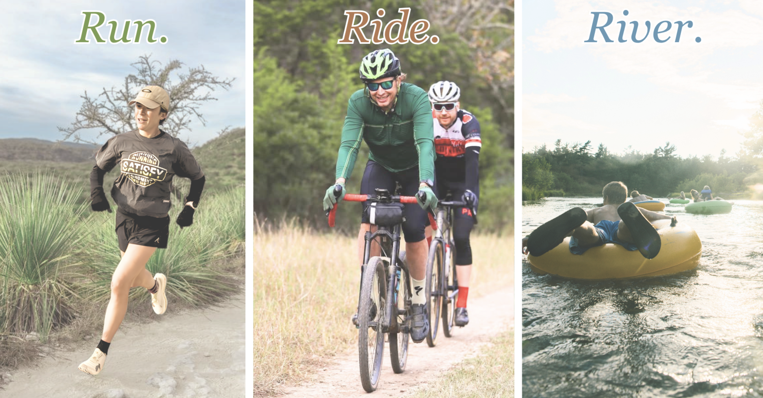 A tri panel graphic of a female runner, cyclists on a dirt road and a family enjoying an
