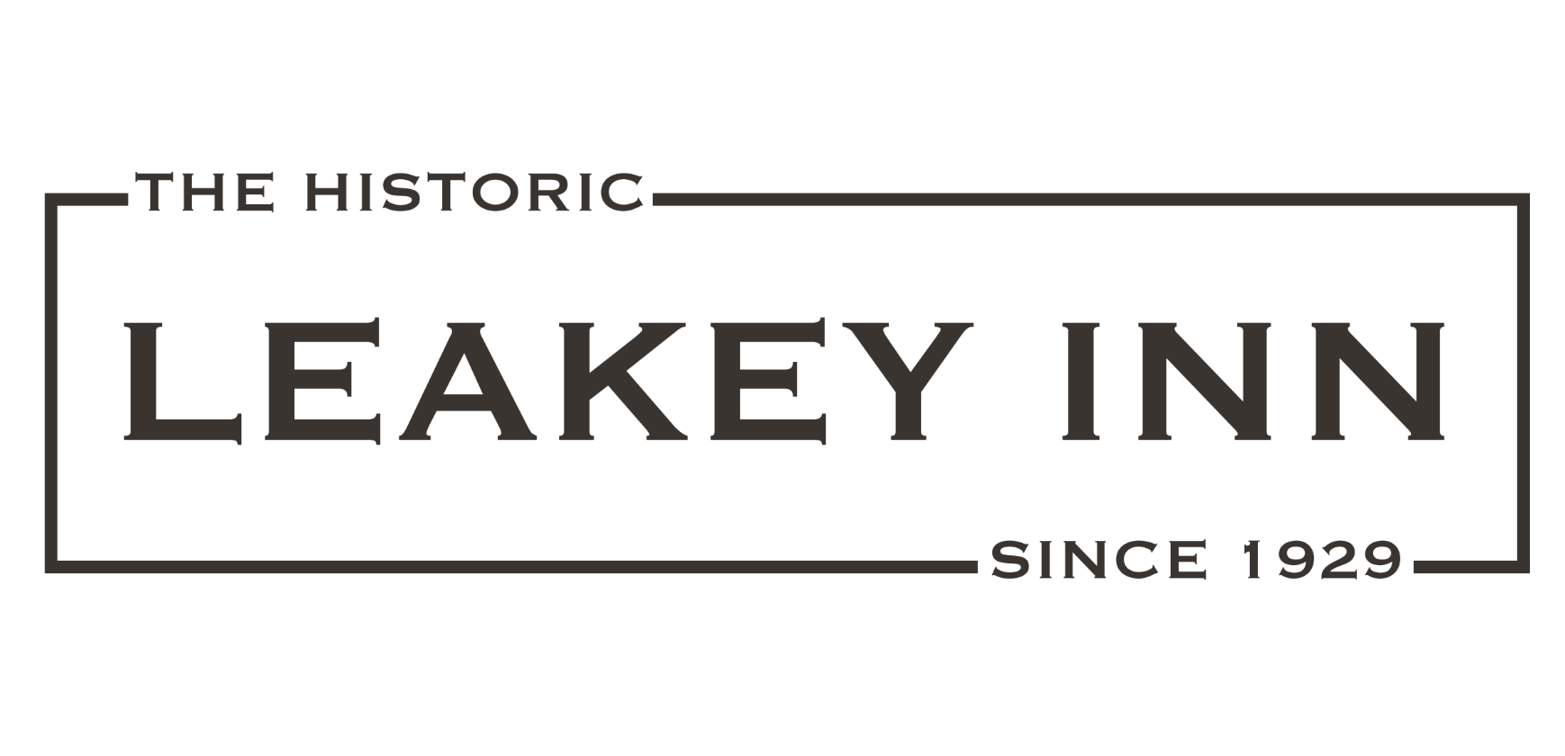 Brown and white Leakey Inn logo