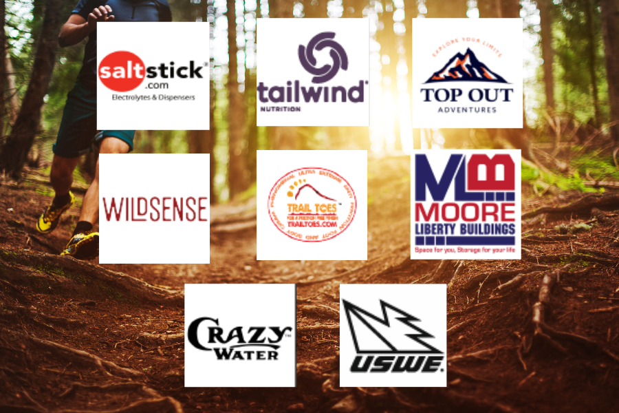 Logos of various outdoor and adventure brands, including SaltStick, Tailwind, Top Out Adventures, WildSense, Trail Tokes, M.B. Moore, Crazy Water, and USWE, over a forest trail with a person running in the background.