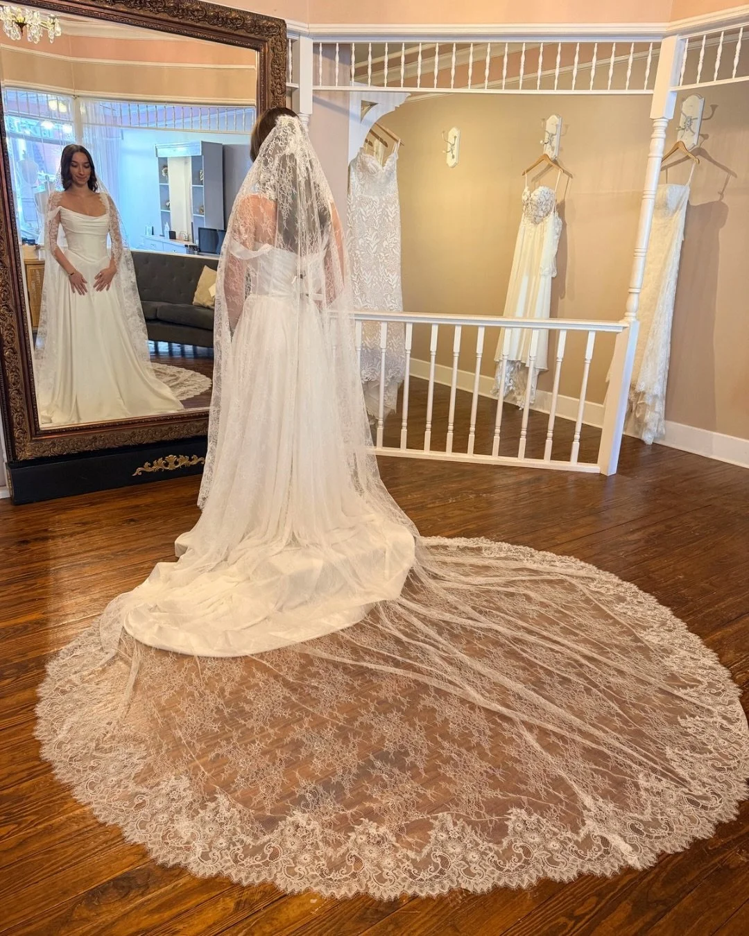 Do I have to choose between stunning lace and the minimalist gown trend? This new veil by @belairebridal just said &ldquo;hold my champagne.&rdquo; 🥂 

#weddingaccessories #laceveil #bridalstyle Bridal Veil | Bridal Boutique | Louisville Bride | Lou