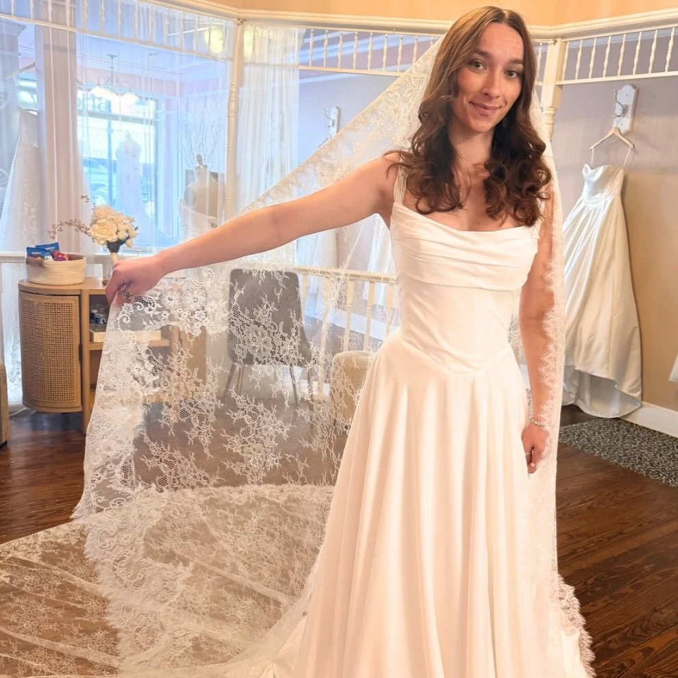 The full Chantilly lace cathedral veils are going viral and they are the perfect thing to order during our April Veil &amp; Accessory sale! 🤍

#chantillylace #cathedralveil #bridalstyle #weddingaccessories