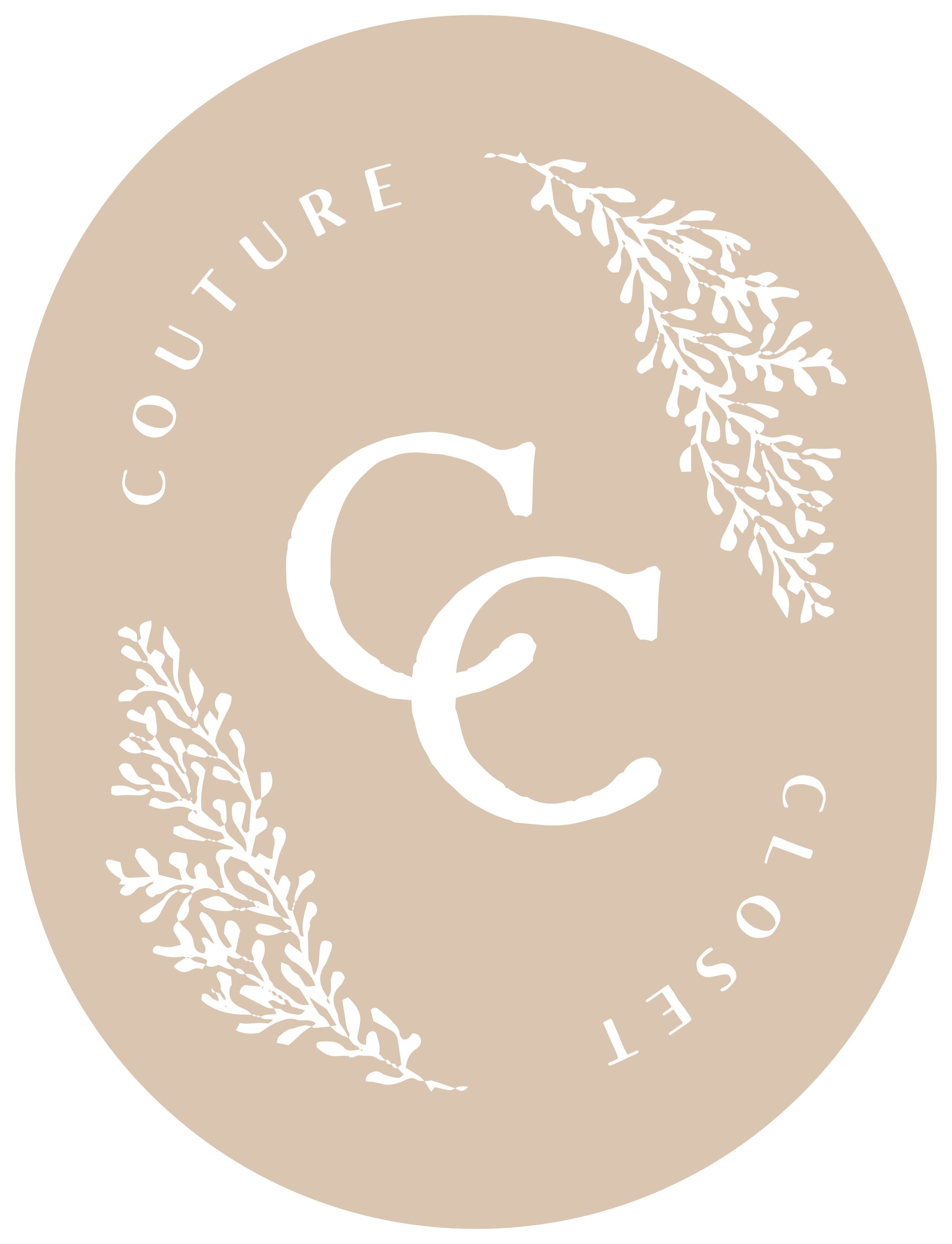 A beige circular logo with white text reading 'COUTURE' and 'ECOS' arranged around a large stylized 'G' in the center, accompanied by white leaf illustrations.