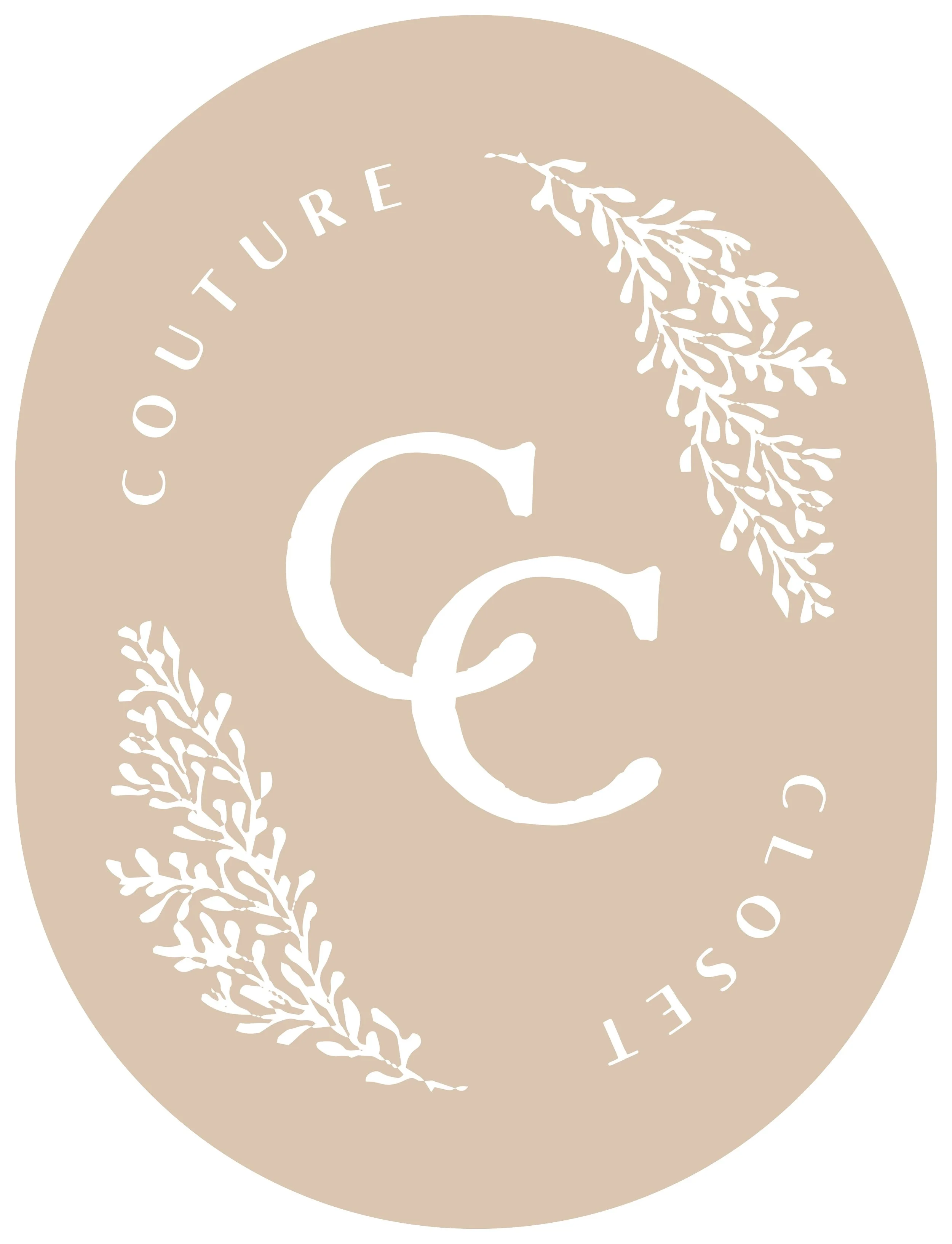 A beige circular logo with the partial text 'ECOUTURE' and decorative botanical illustrations.