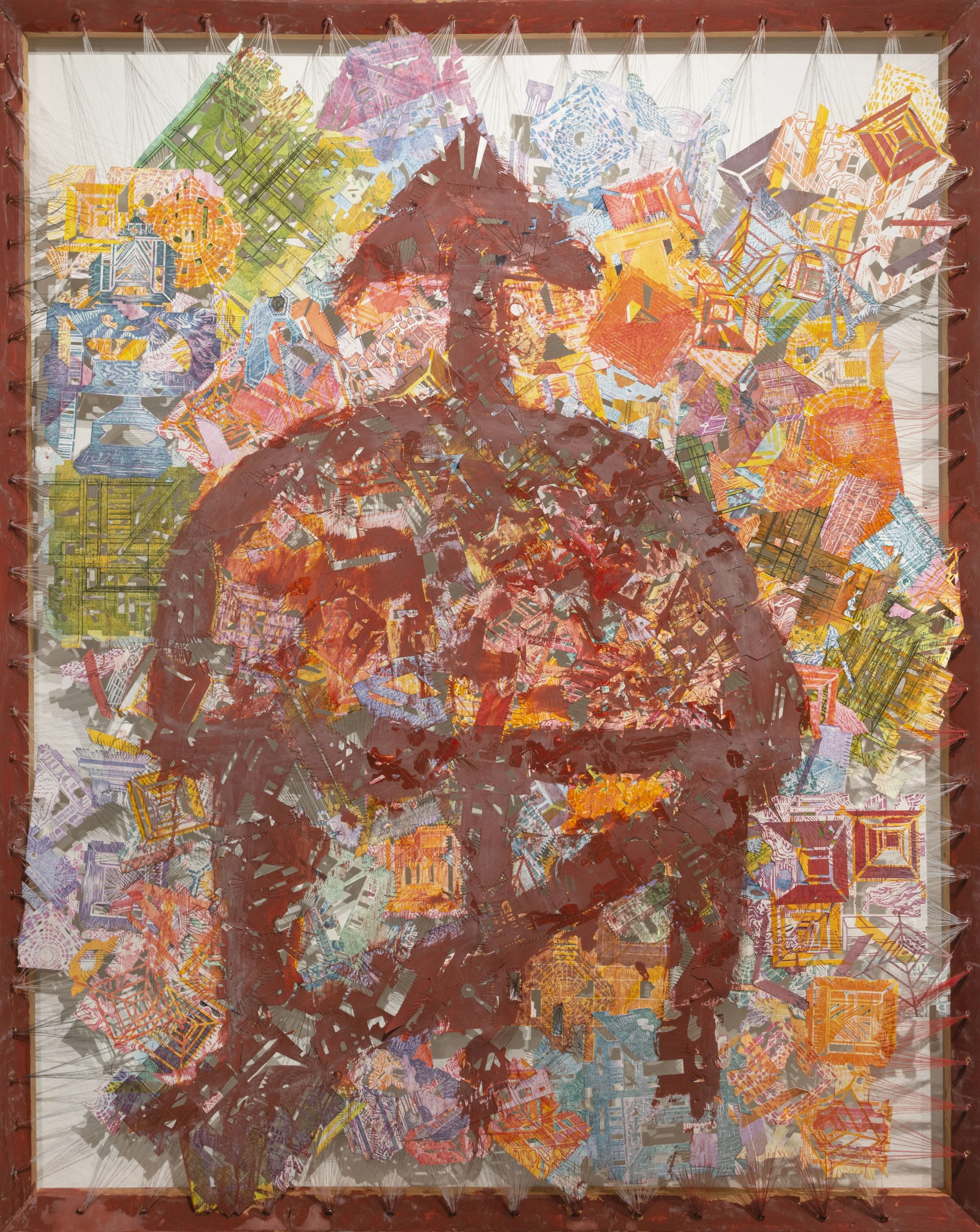  " Lacks Foundation”   Relief Monotype Prints, Cut, paper, Sewing Thread, Eyehooks, Wood Frame, Iron Oxide Powder, Acrylic Medium  40 × 48 in.  2018 