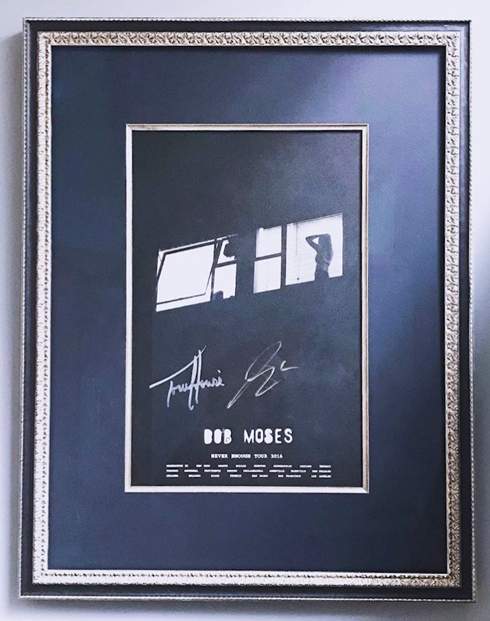  The silver reflects the grey and white tones of the piece. The line quality of the frame allows the ornate texture to be complimentary and elegant without overpowering. S igned poster from Bob Moses 2016 tour.  