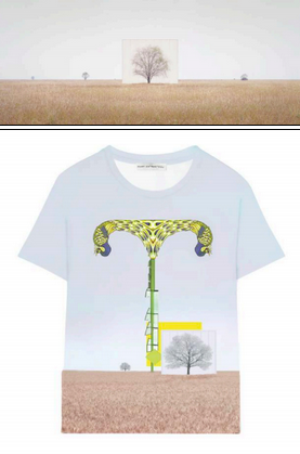 Myoung Ho Lee's "Tree ... #3," top, and the Mary Katrantzou-designed shirt. (Credit: Court documents)