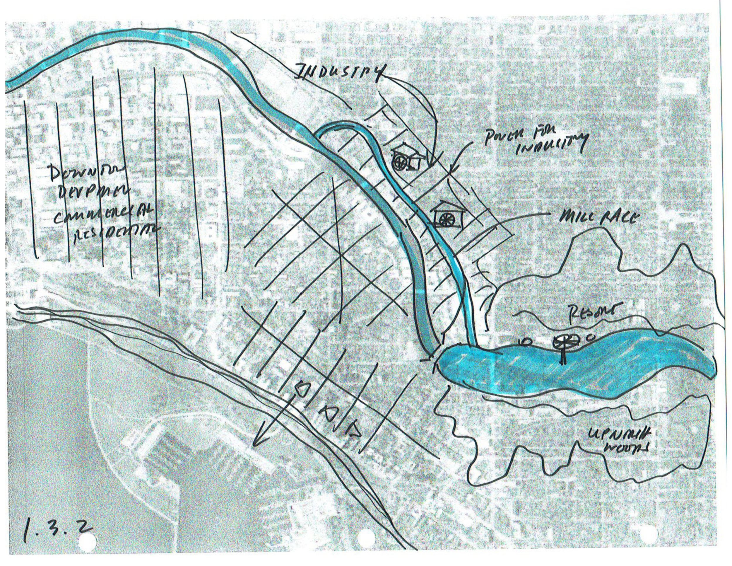 Early concept sketch of Milwaukee River history.