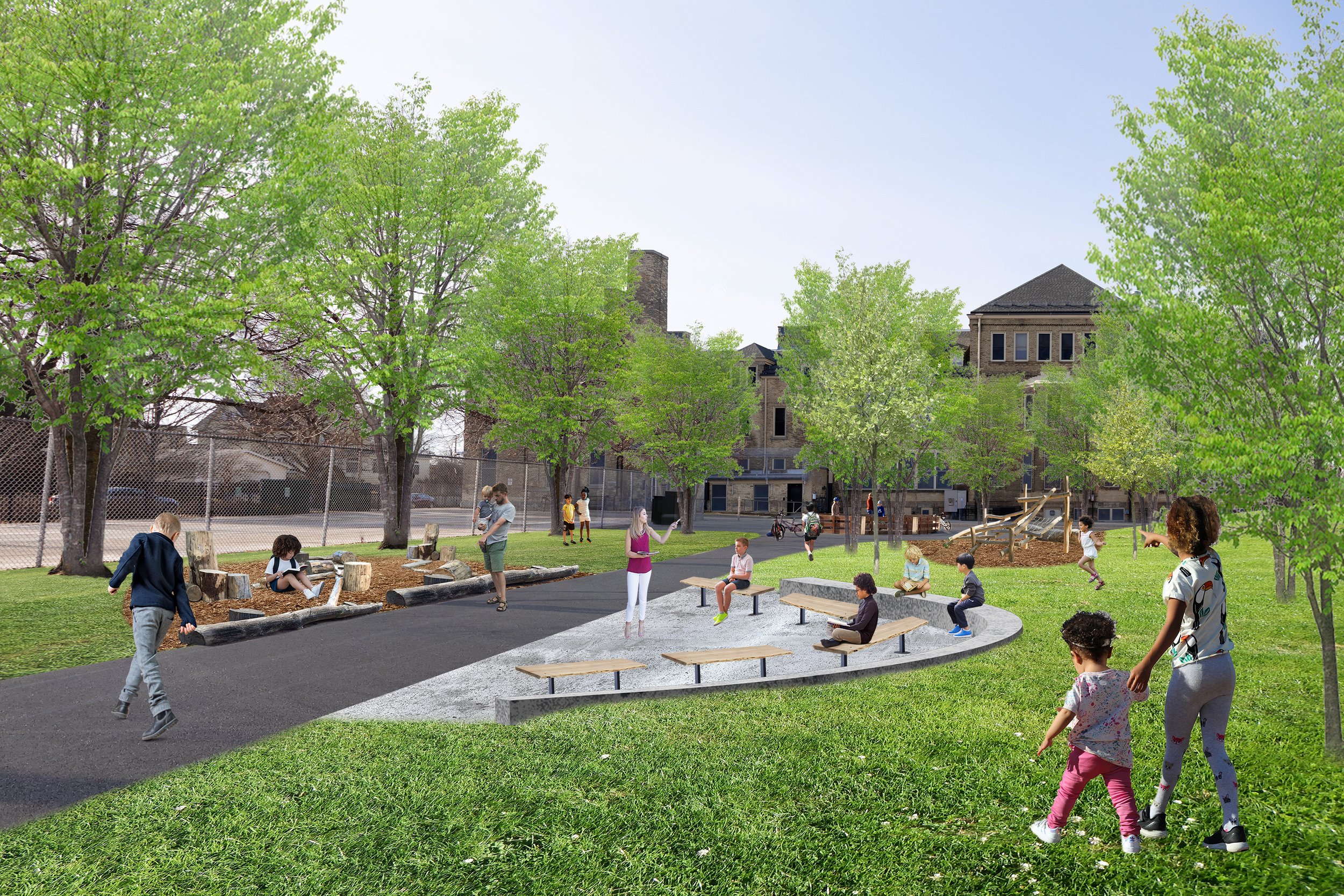 Perspective Drawing showing an outdoor classroom with seating,&nbsp; loose parts play area, nature play structure, green space with mounds, and gaga ball