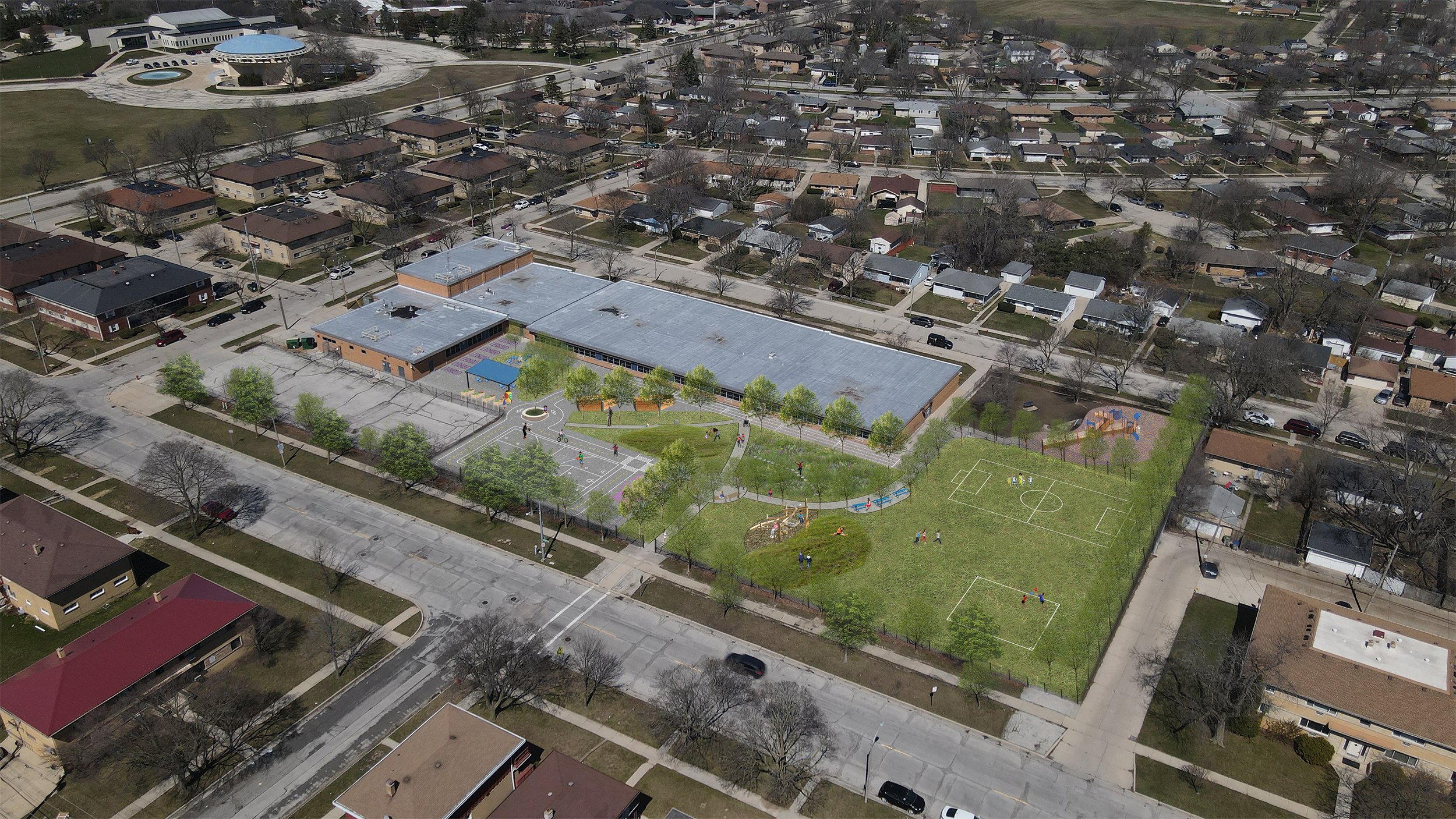 Perspective Drawing showing nature play, playfields, pathways, an outdoor classroom, a bioswale, gaga ball pits, trees and grass