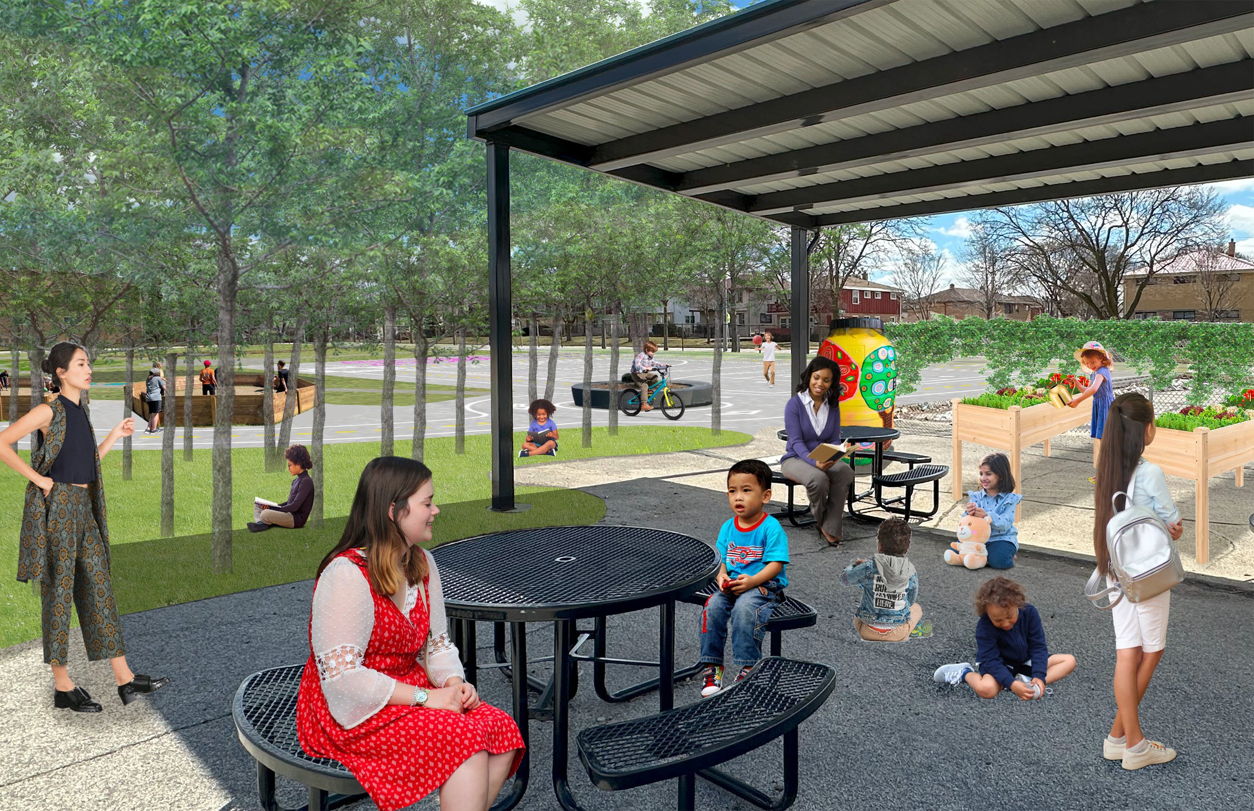 Perspective Drawing showing enhanced outdoor classroom with rainwater harvesting, raised bed gardens, trees, gaga ball and traffic garden