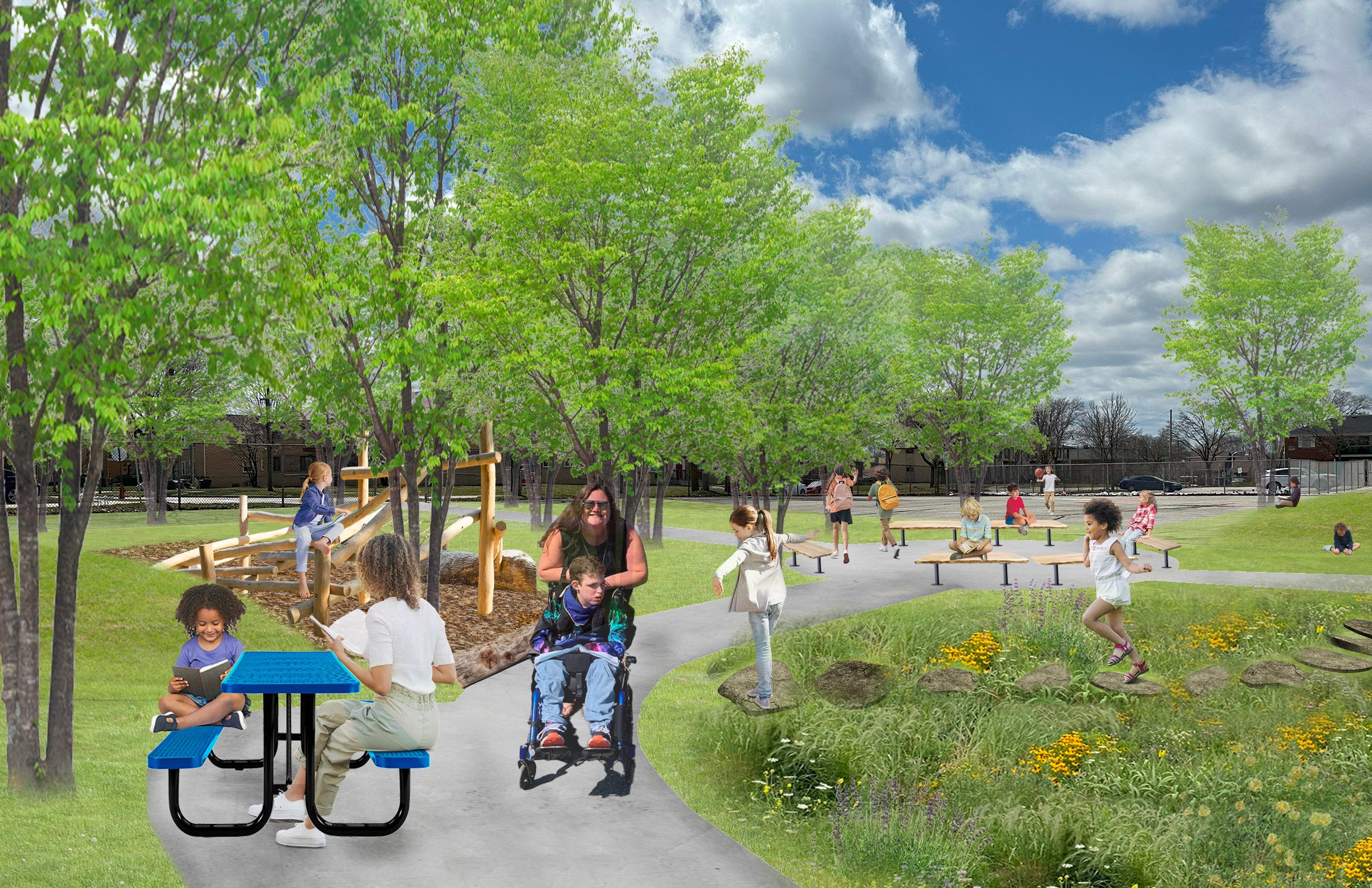 Perspective Drawing showing nature play, an outdoor classroom, bioswale with pathways, trees and grass