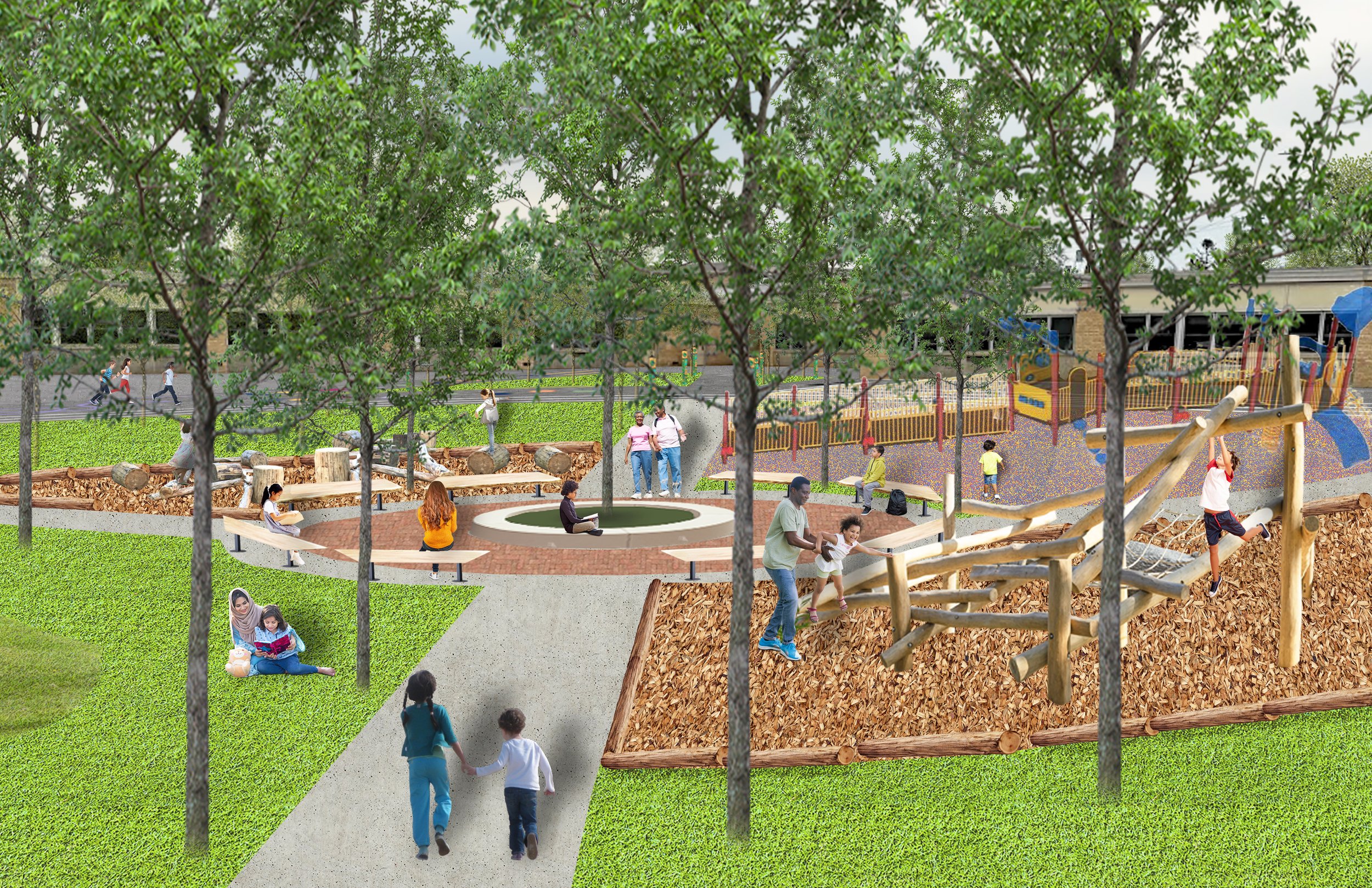 Perspective drawing showing pathways leading to a central gathering area, loose parts play, a nature play structure, seating, and trees for shade and stormwater management.