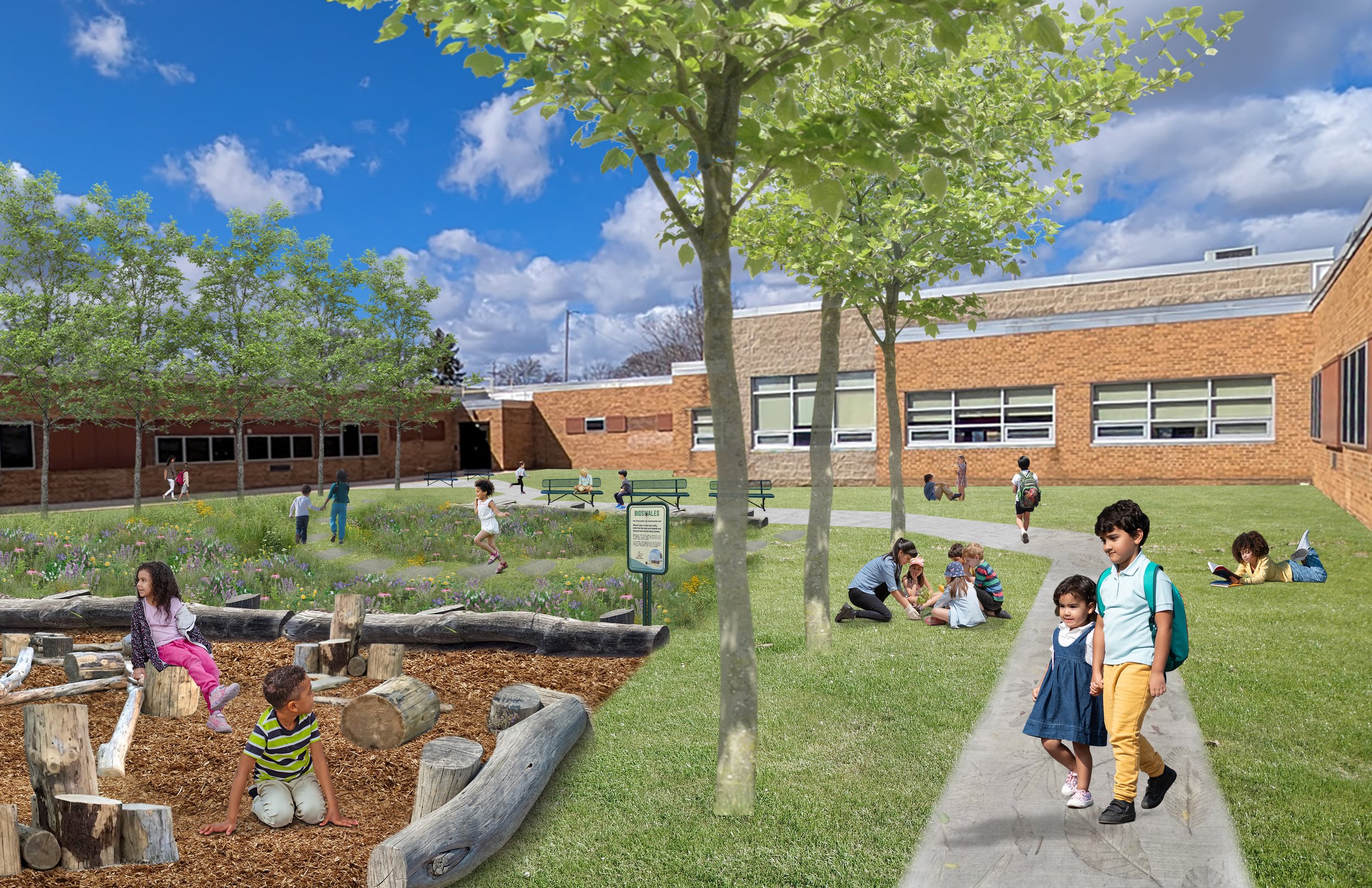 Honey Creek Perspective showing loose parts, grass, benches, trees for shade, pathways and bioswales for stormwater management