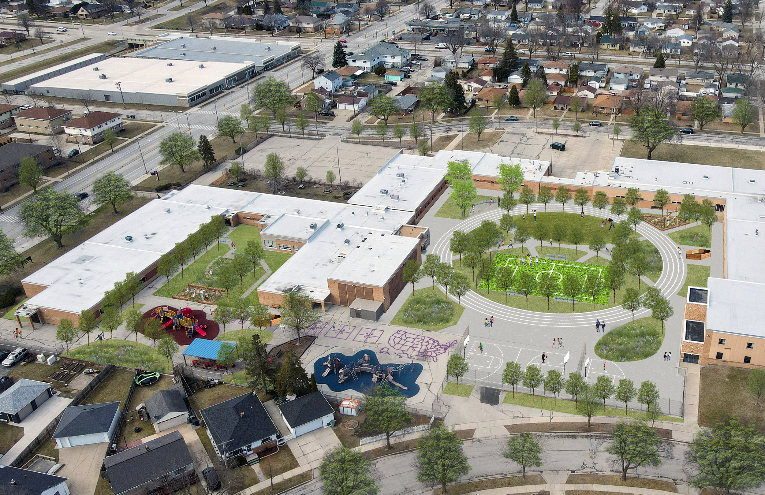 Honey Creek Aerial Perspective showing a synthetic turf field, outdoor classrooms, nature play, loose parts, gaga ball, bioswales and trees for stormwater management, pathways, and grass spaces.