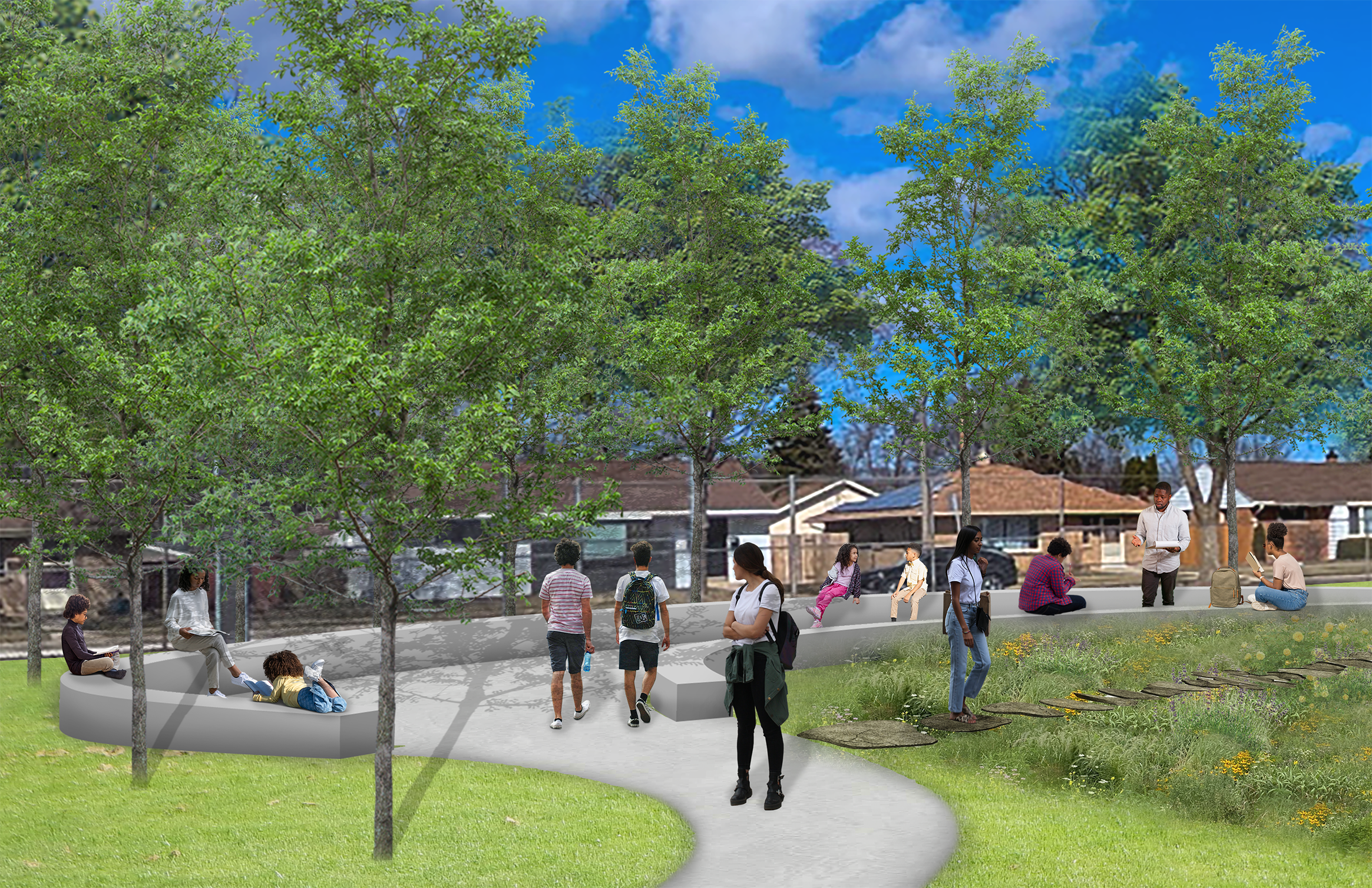Wedgewood Perspective showing outdoor classroom, trees for shade, pathways and bioswales for stormwater management