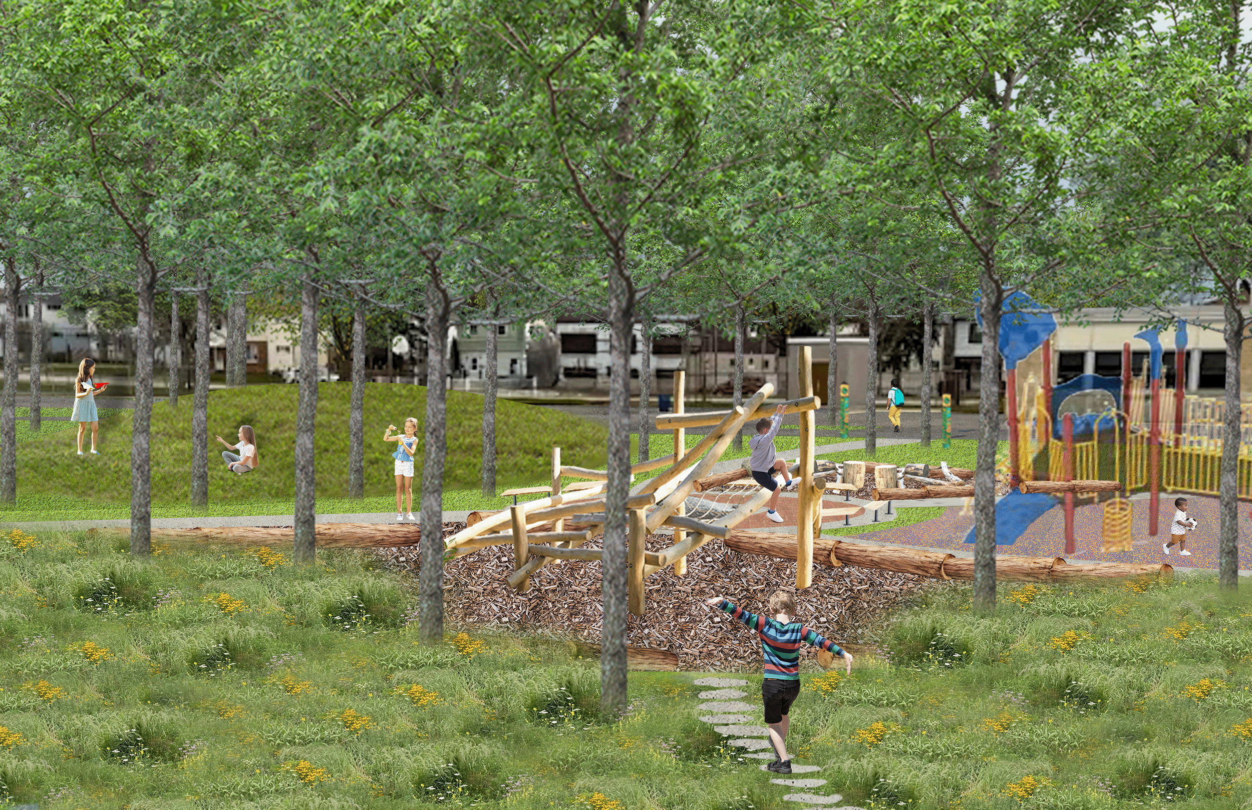 Perspective Drawing showing a bioswale with pathway, trees, grass hills, nature play features, and new playground equipment.