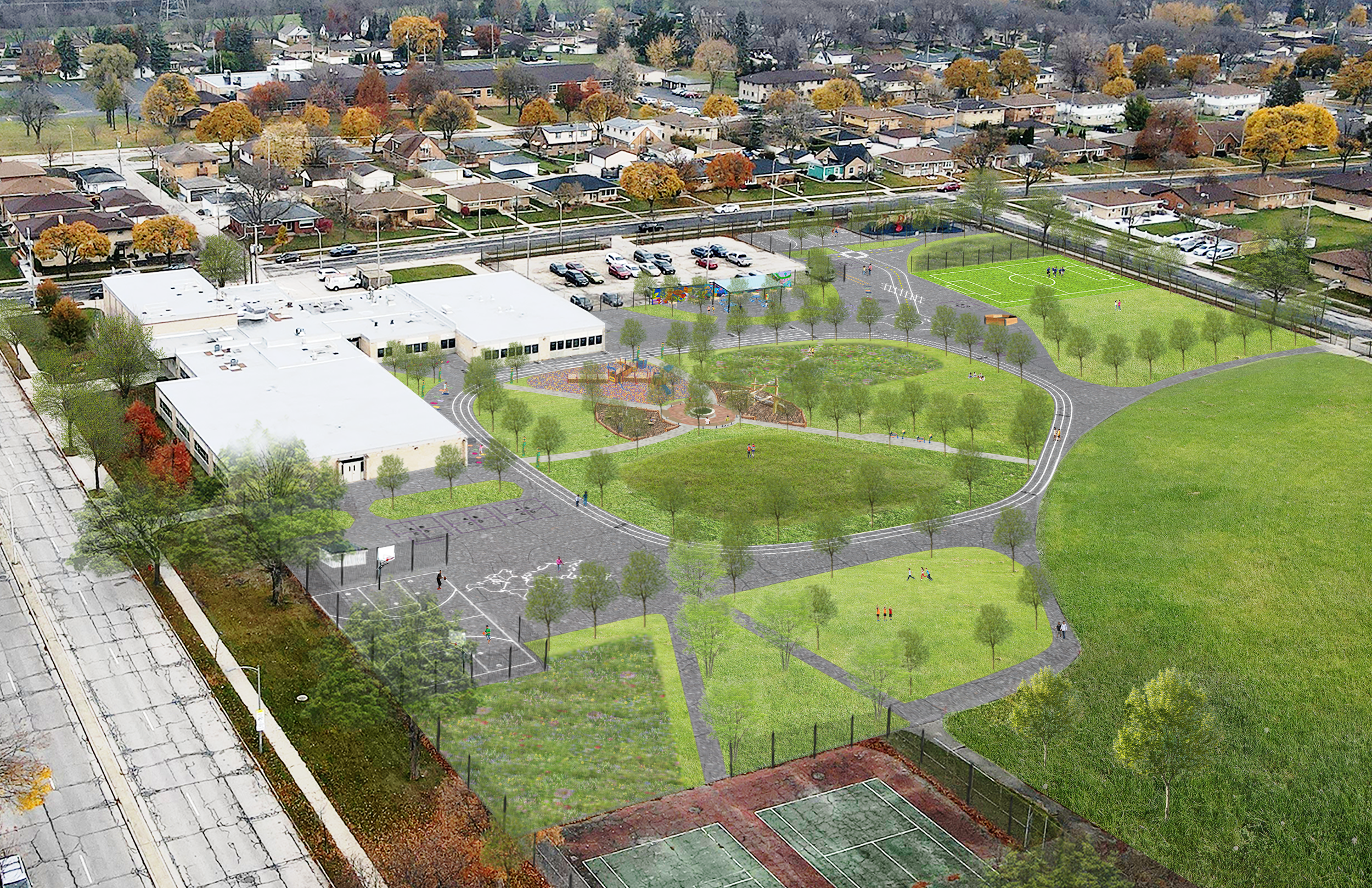 Aerial Perspective Drawing showing trees, bioswales, outdoor learning spaces, and new play features like nature play, gaga ball and soccer.