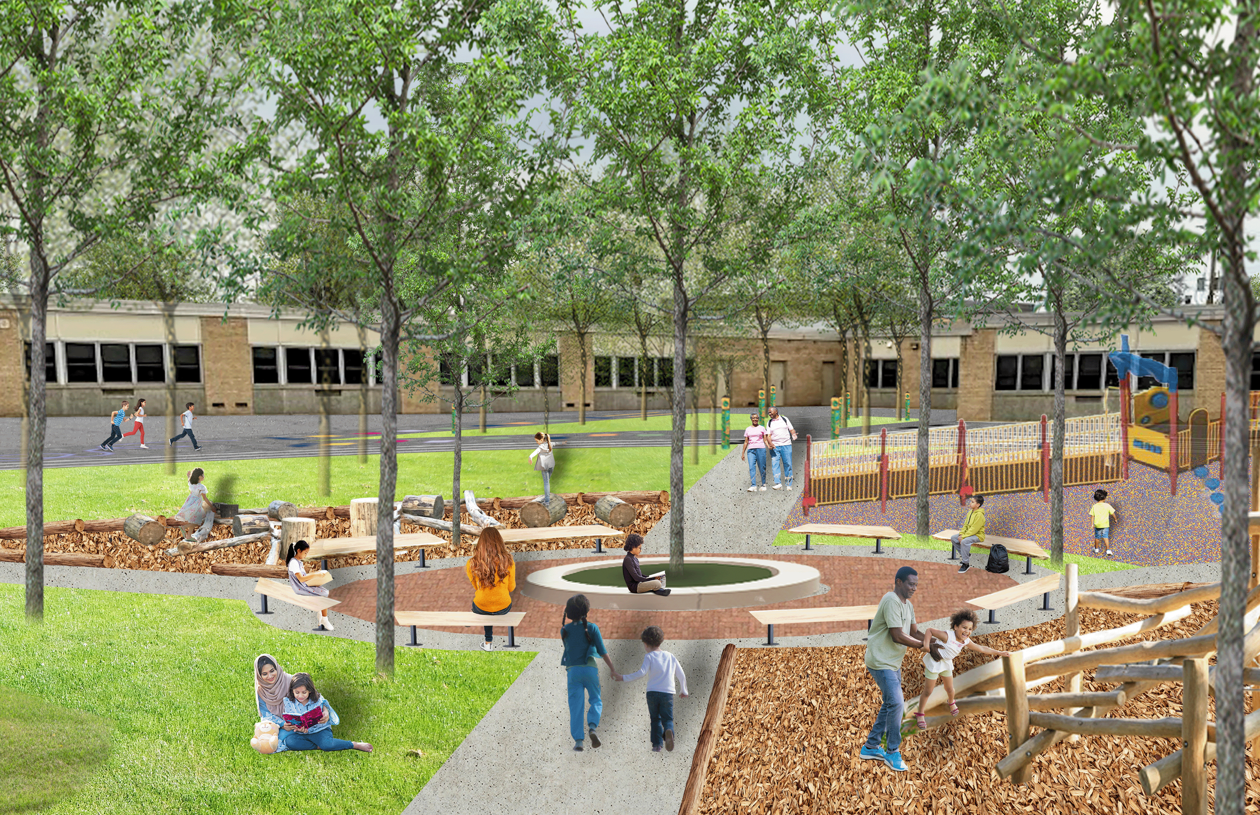 Perspective drawing showing pathways leading to a central gathering area, loose parts play, a nature play structure, seating, and trees for shade and stormwater management.