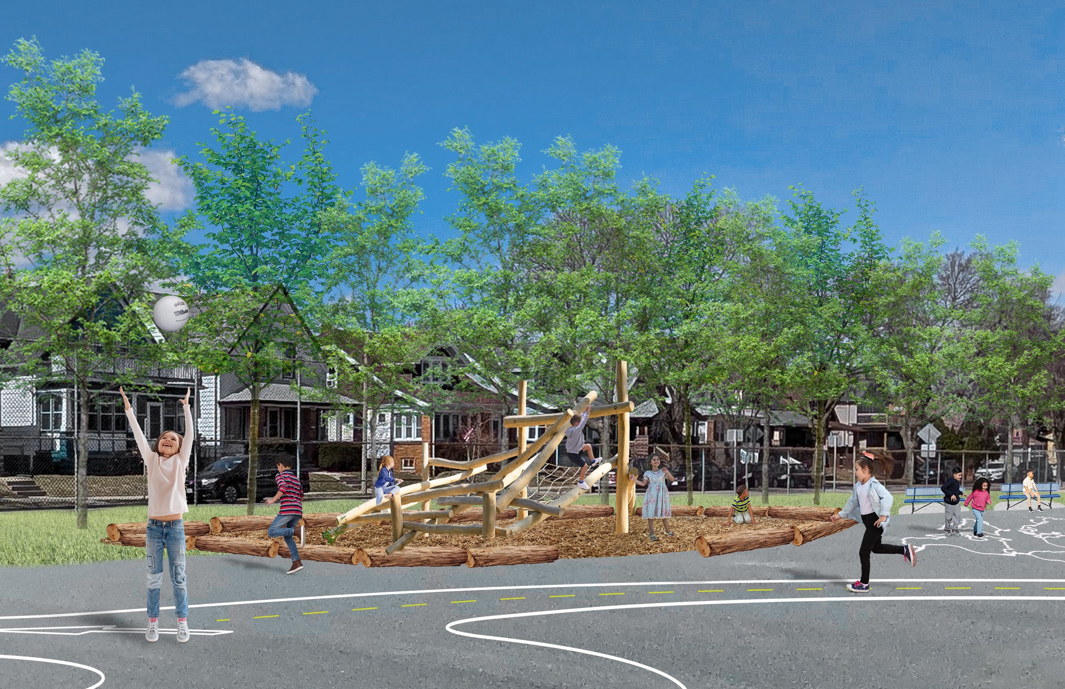 Perspective Drawing showing children climbing on the wooden nature play structure, lawn area for volleyball and other activities, and outdoor classroom.