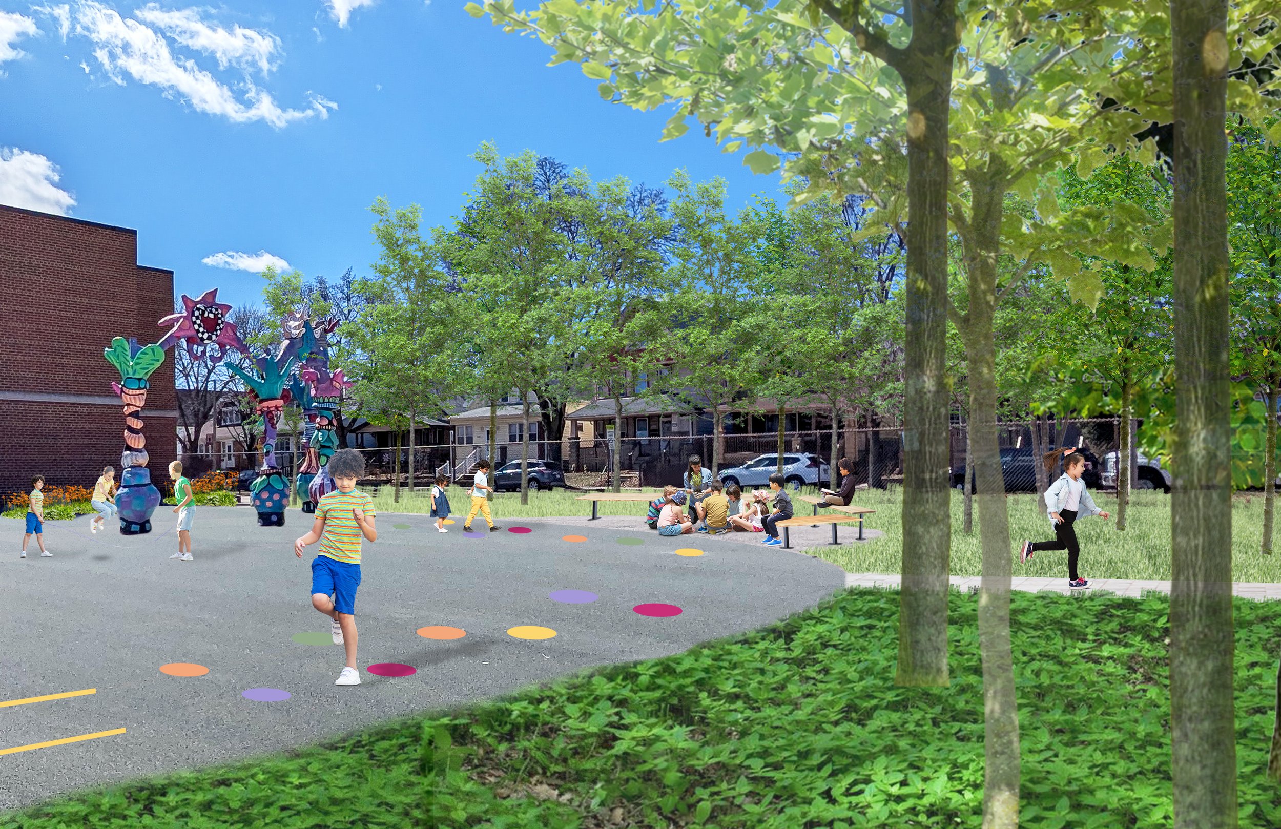 Perspective Drawing showing an outdoor classroom area, trees for stormwater management and shade, and colorful pavement markings for play.