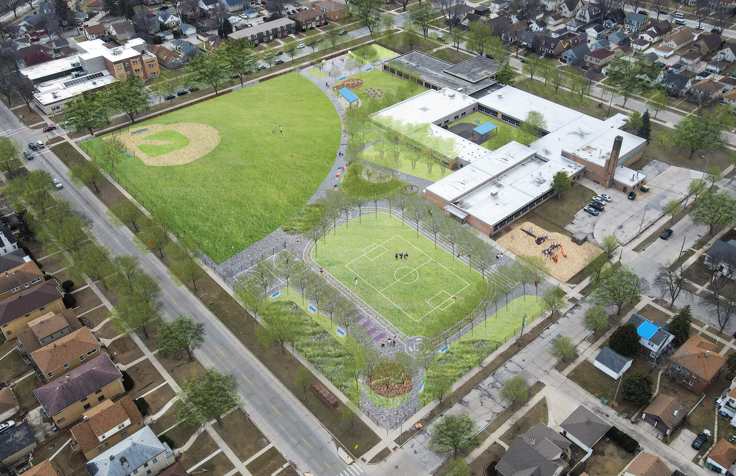 Aerial Perspective Drawing showing trees and bioswales for stormwater management, grass fields for play, outdoor learning areas, raised bed gardens and improved basketball courts.