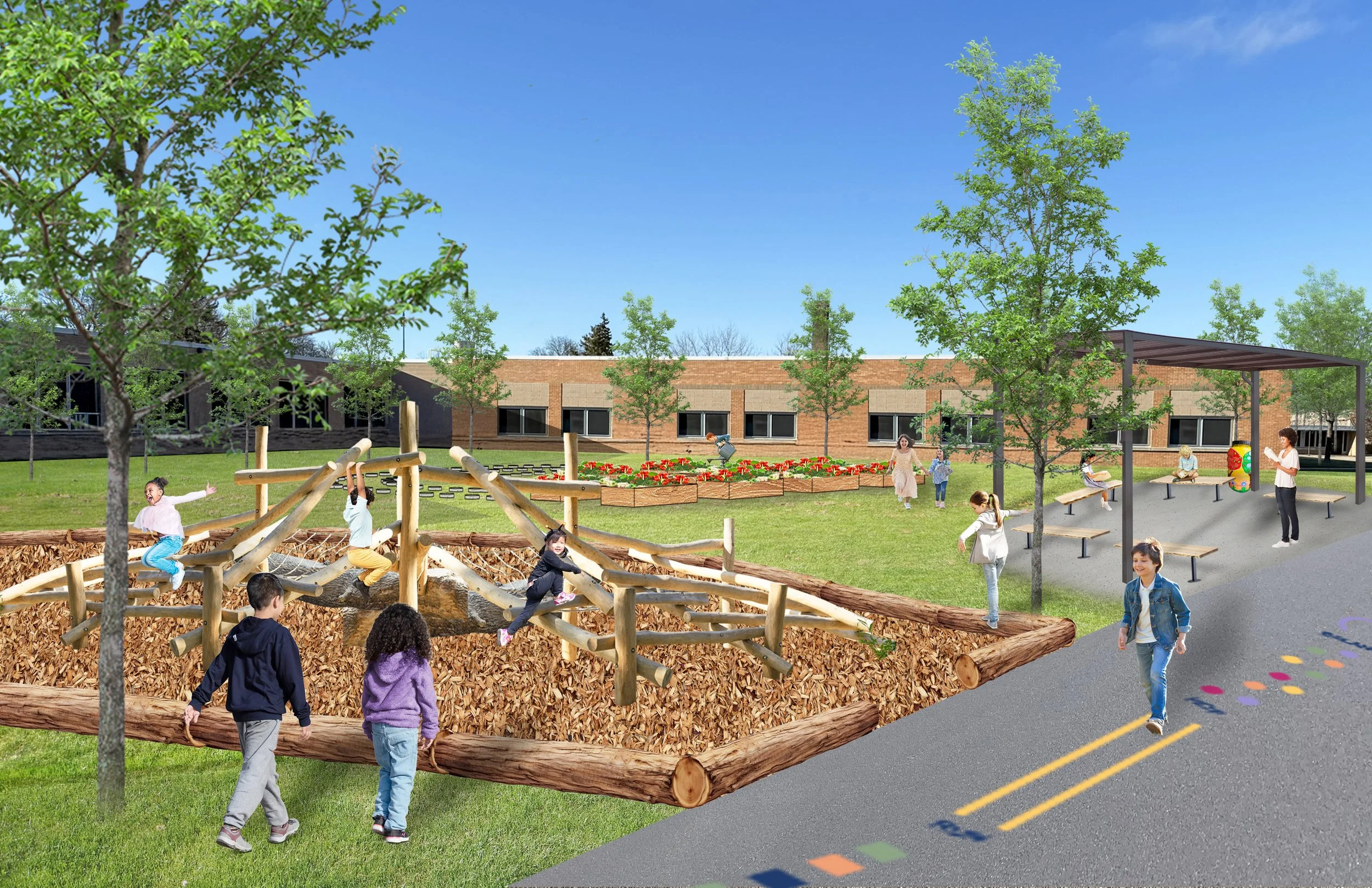 Perspective Drawing showing children playing on a nature play structure, an outdoor classroom, raised garden beds, and trees for shade and stormwater management.