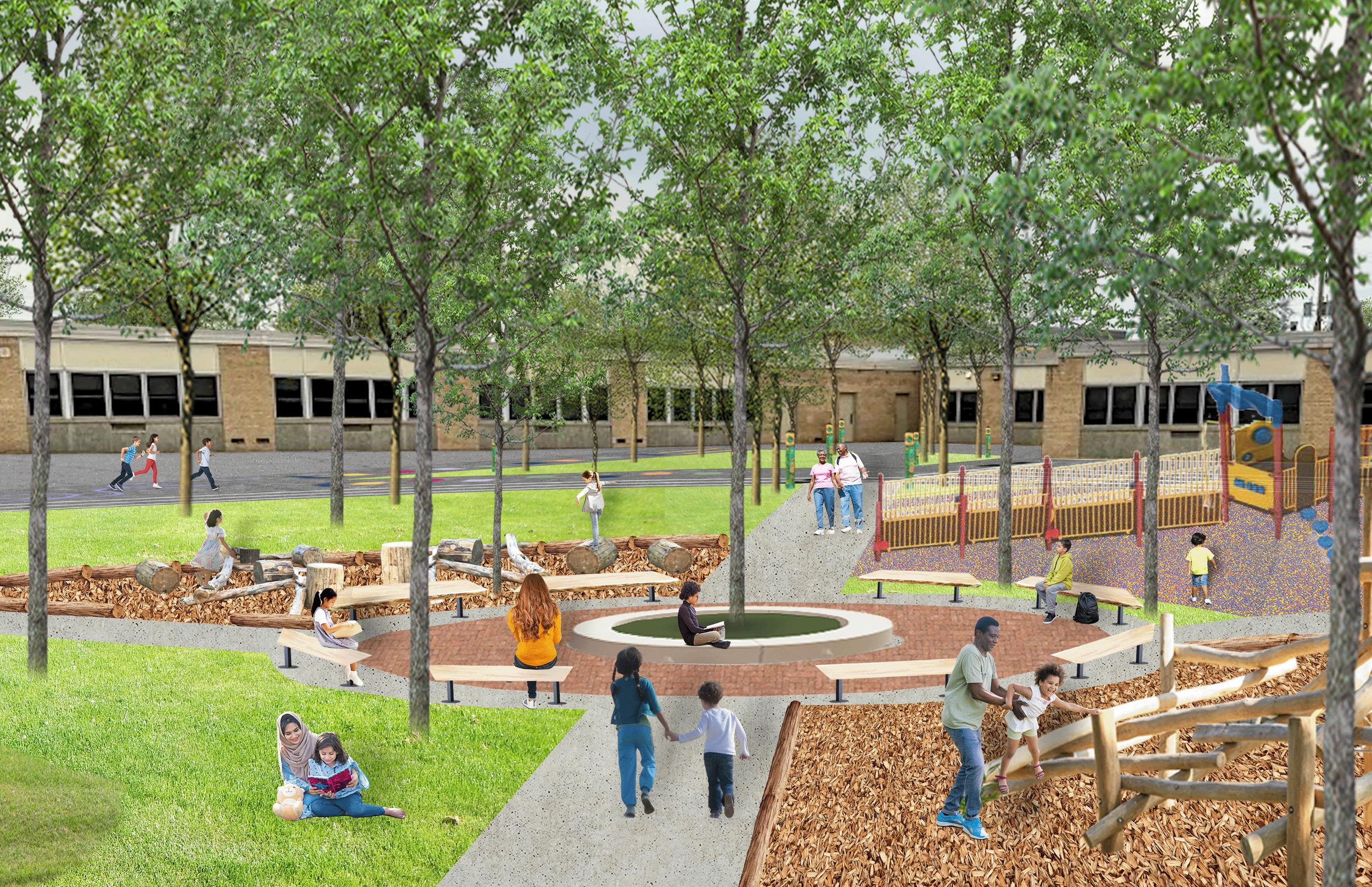 Perspective drawing showing pathways leading to a central gathering area, loose parts play, a nature play structure, seating, and trees for shade and stormwater management.