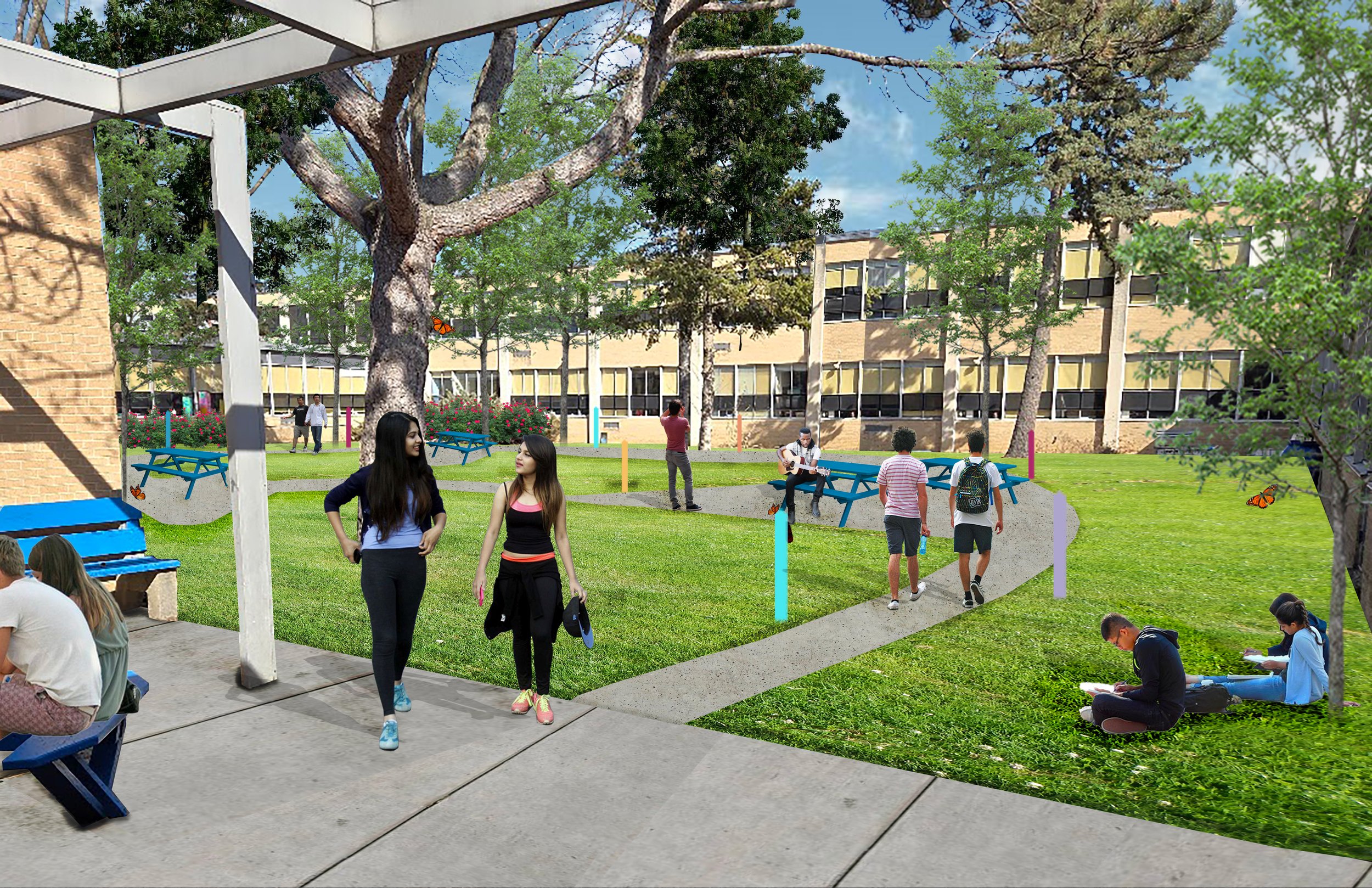 Perspective showing the courtyard with enhanced pathways, seating areas, trees, and art posts. 