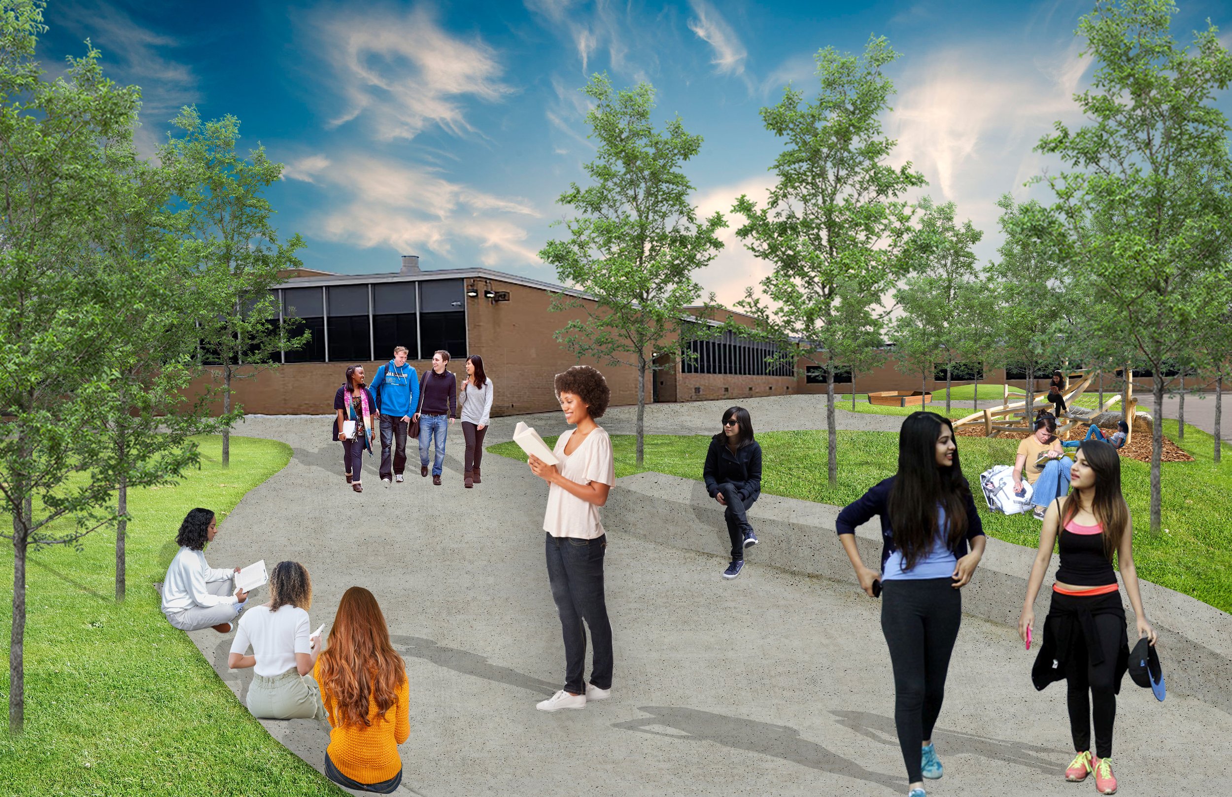  Perspective showing outdoor classroom with seating and trees for shade, nature play structure, pathways, and a gaga ball pit.  
