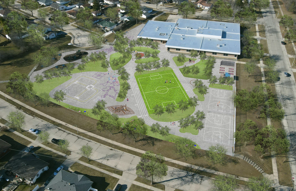 Aerial perspective showing enhanced outdoor learning spaces, synthetic turf field and track, nature play, garden beds, trees for shade and stormwater management. 