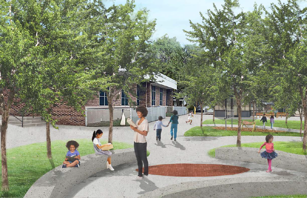 Perspective drawing showing outdoor learning area with seating and trees for shade, pathways, musical instruments,  a green house, and garden beds. 