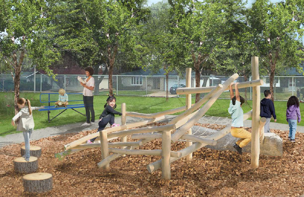 Perspective drawing showing trees for shade, nature play structure, pathways and seating. 