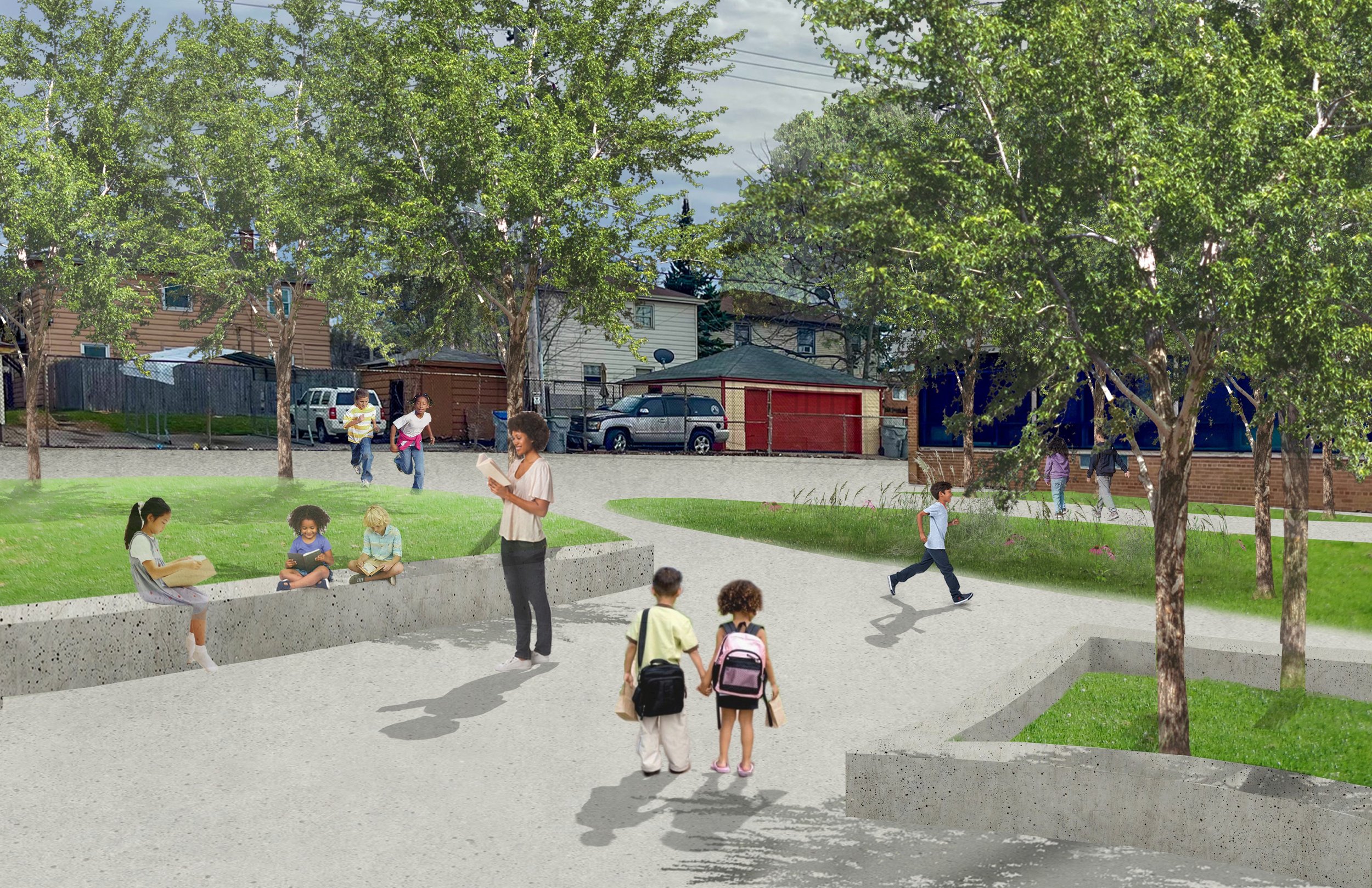 Perspective drawing showing trees for shade, pathways and seating.
