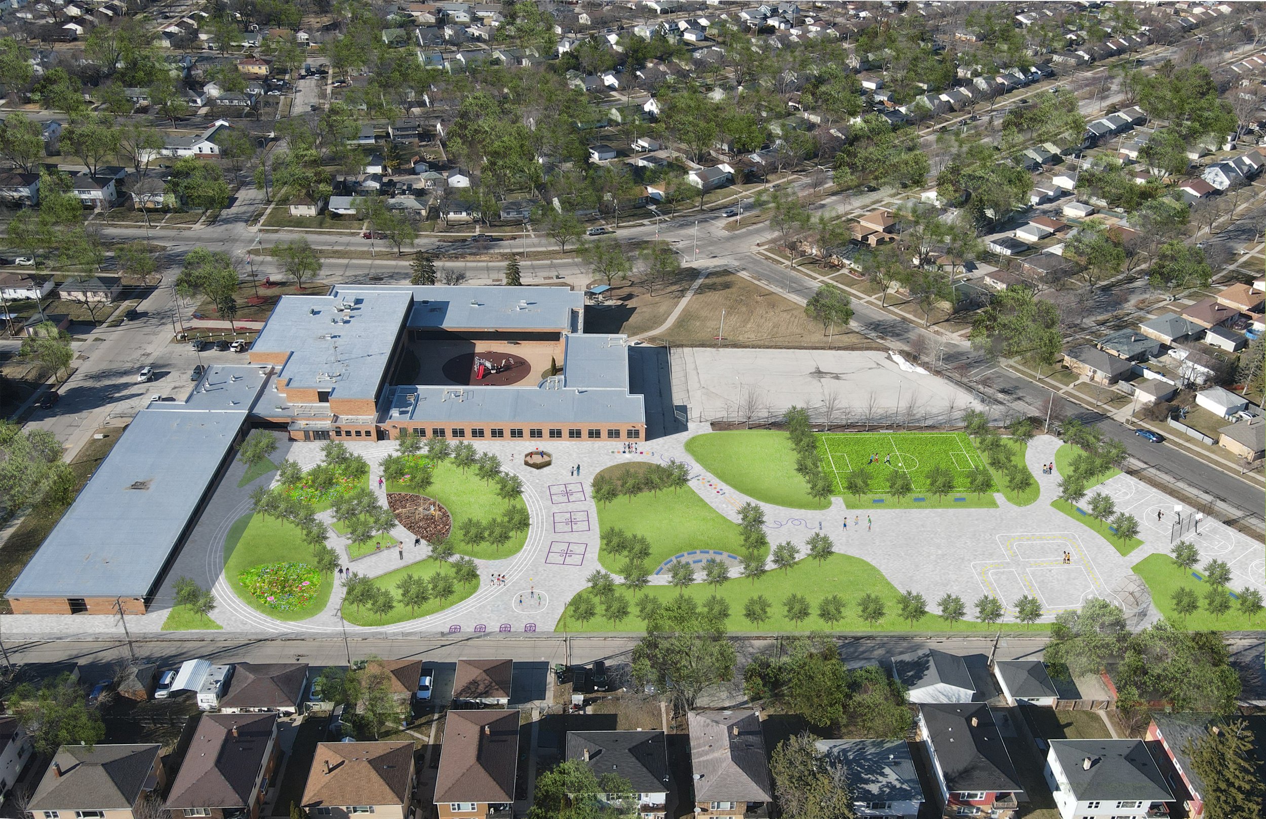 Aerial perspective showing enhanced outdoor learning spaces, synthetic turf field and track, nature play, trees for shade and stormwater management.