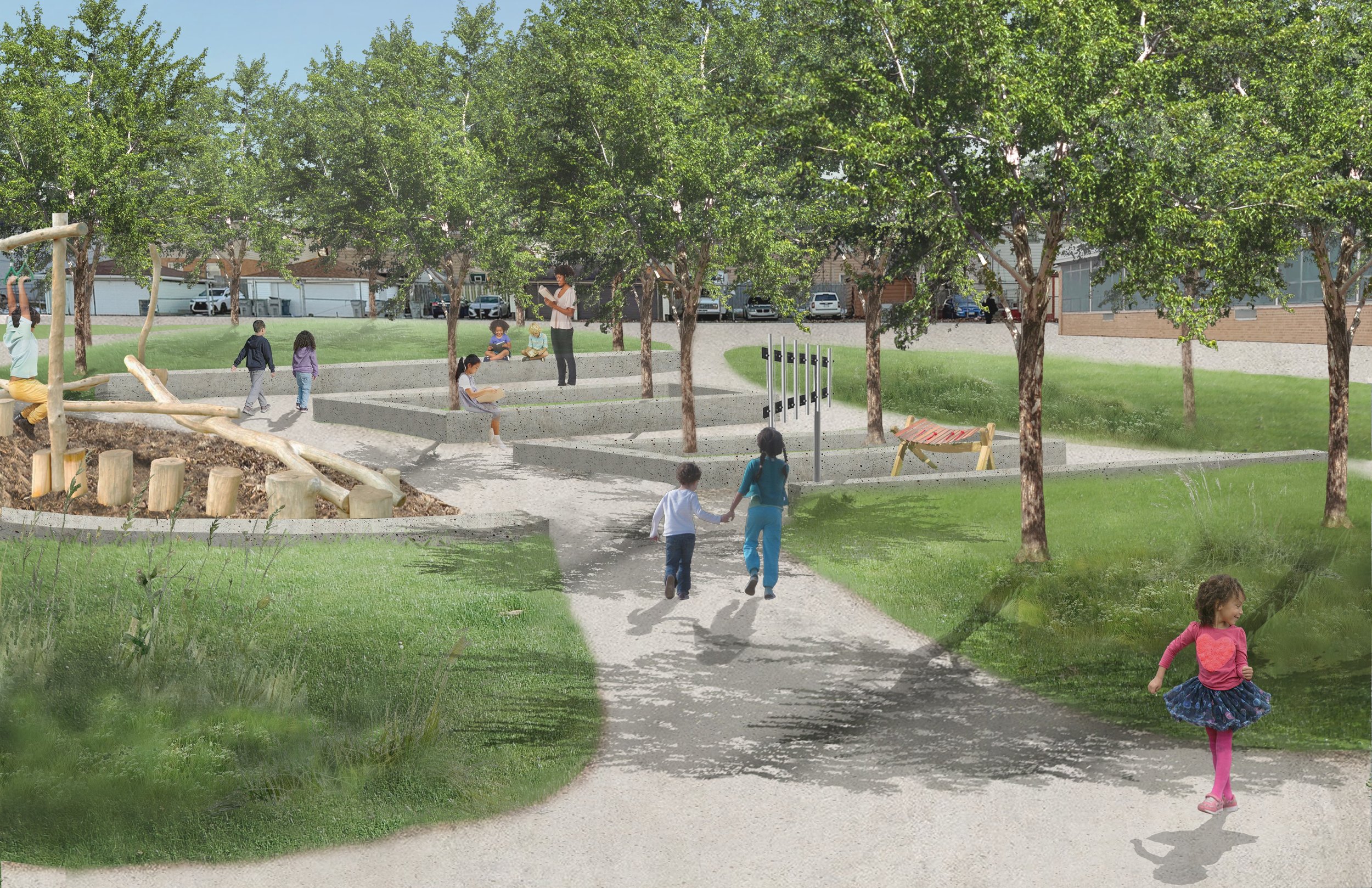Perspective drawing showing trees for shade, nature play structure, musical instruments, pathways and seating.