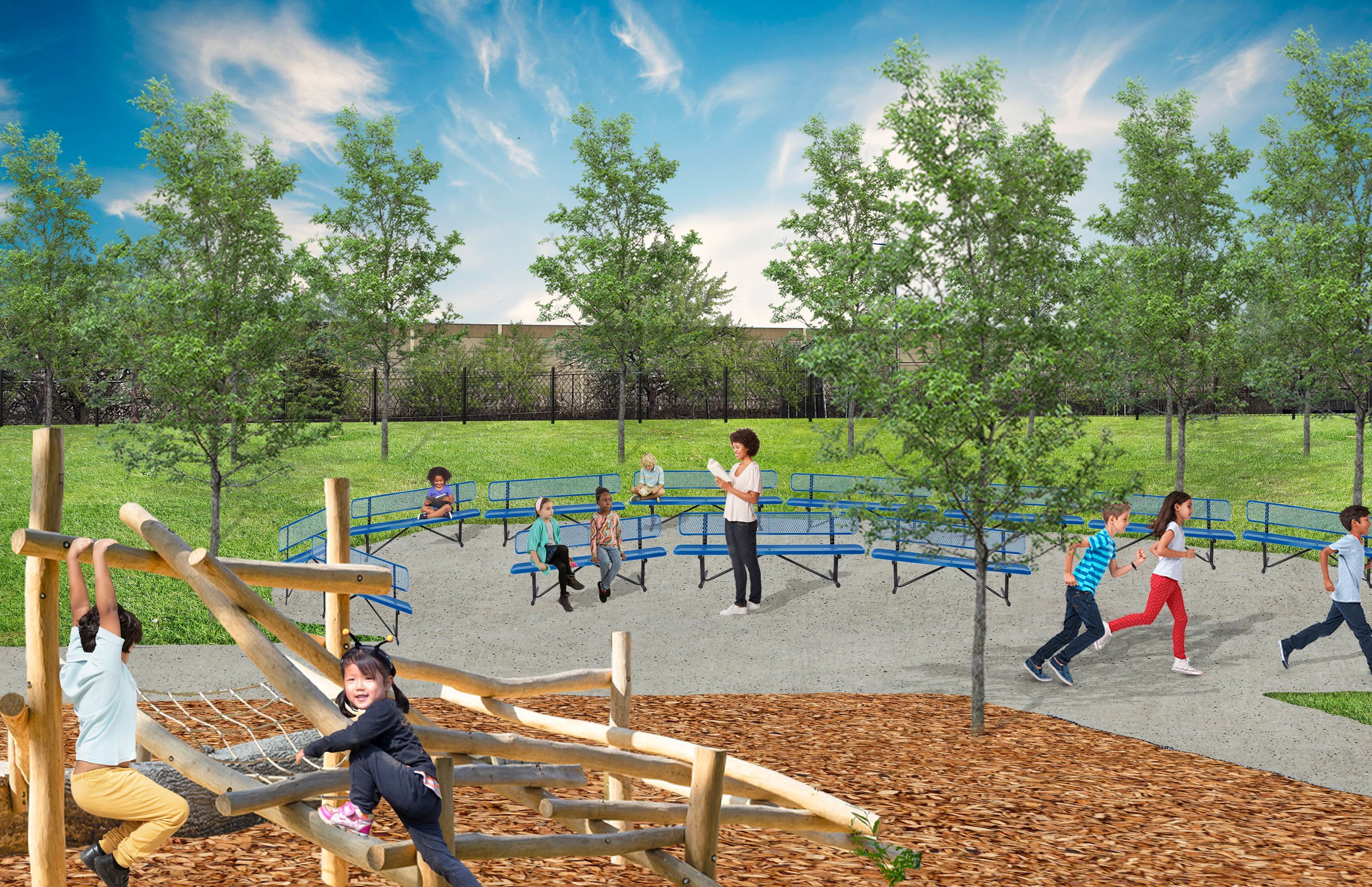 Perspective drawing showing outdoor learning area with seating and trees for shade, nature play structure, and pathways.