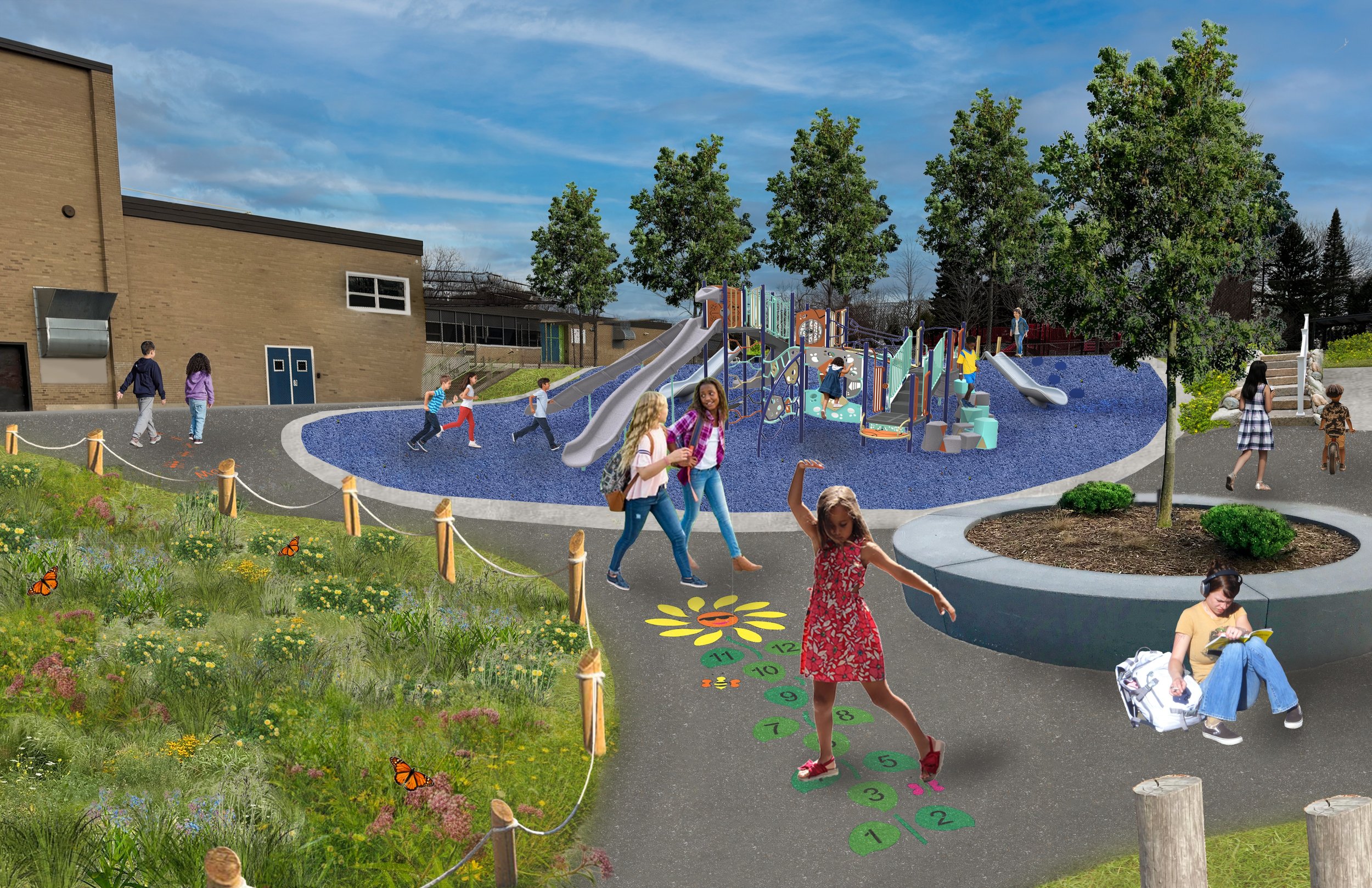 Perspective drawing showing bioswales and trees for shade and stormwater management, new play features, and seating areas