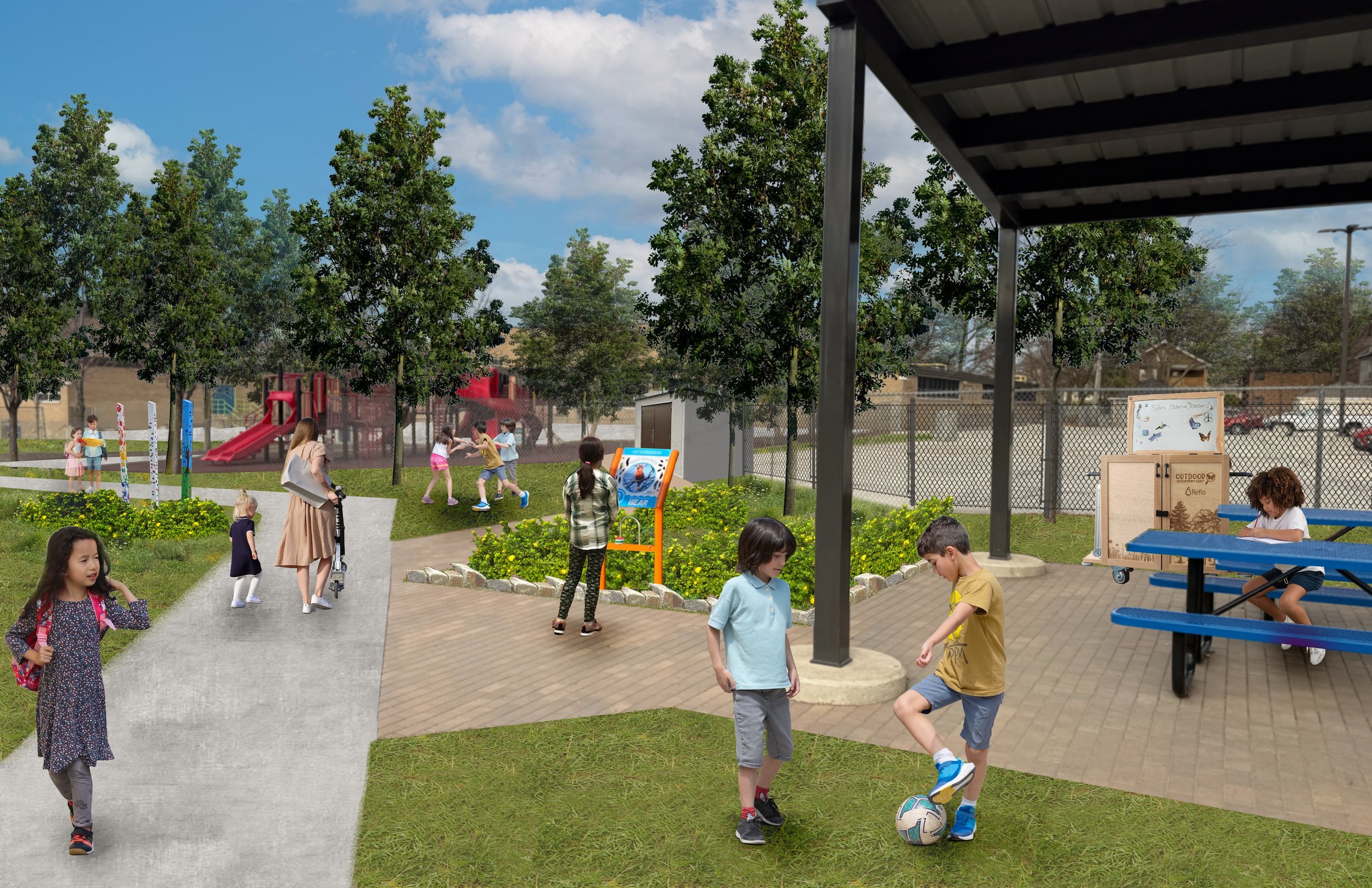 Perspective drawing showing pathways, outdoor classroom, play features and trees for shade and stormwater management