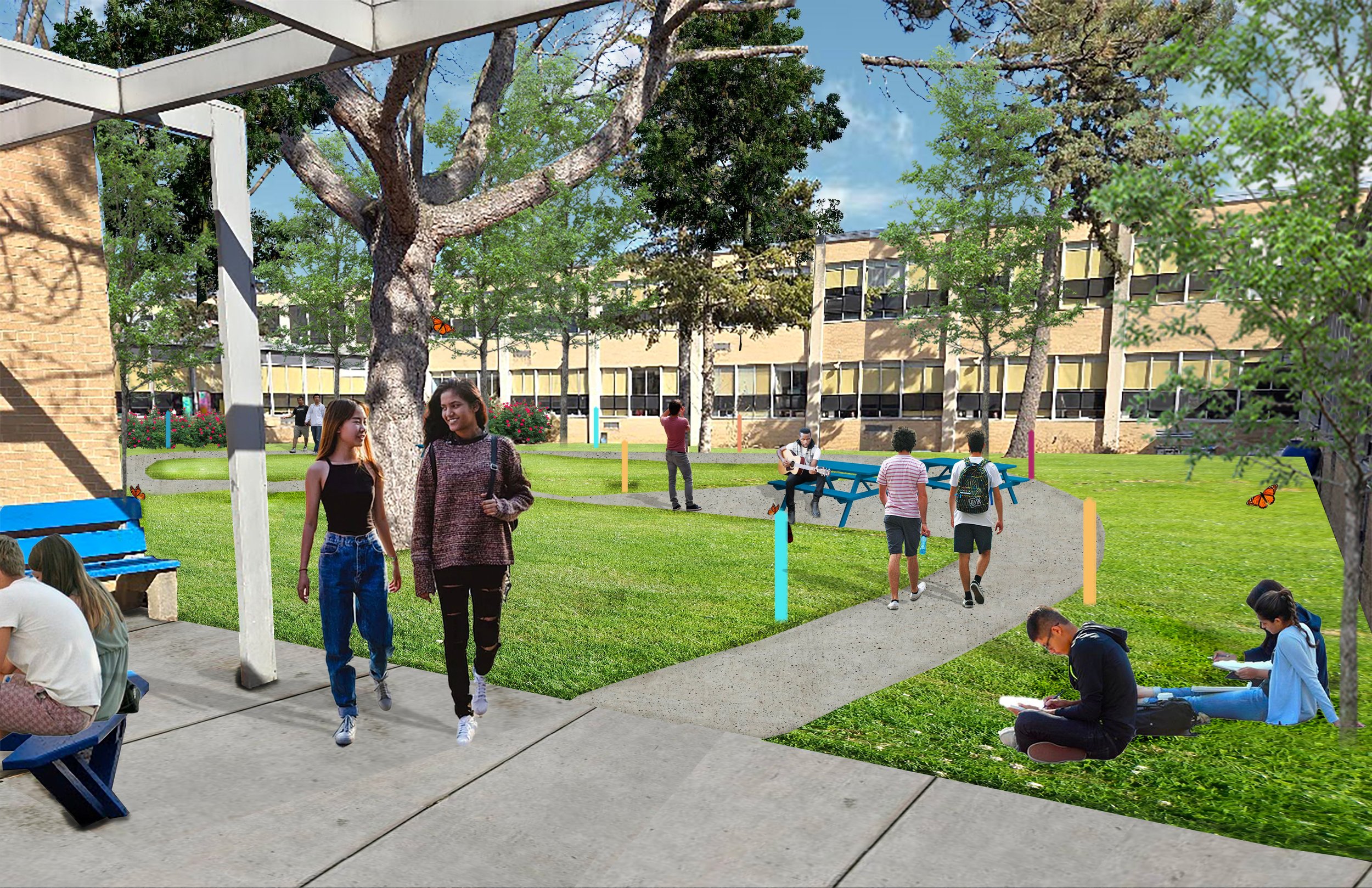Perspective showing the courtyard with enhanced pathways, seating areas, trees, and art posts. 